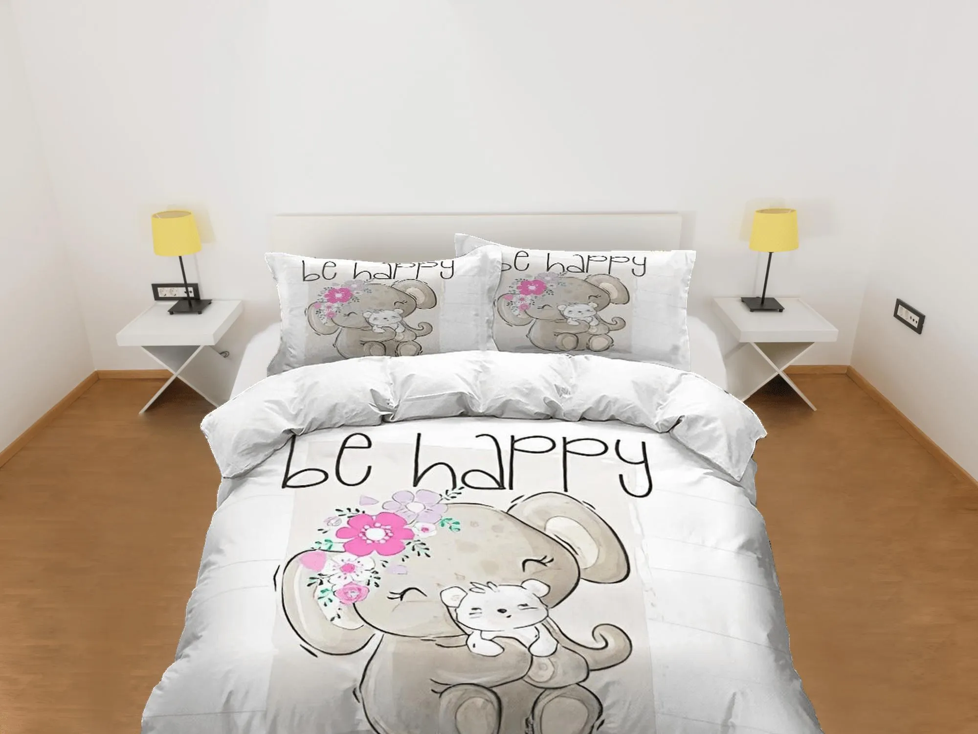 Be happy elephant holding puppy bedding cute duvet cover set, kids bedding full, nursery bed decor, elephant baby shower, toddler bedding