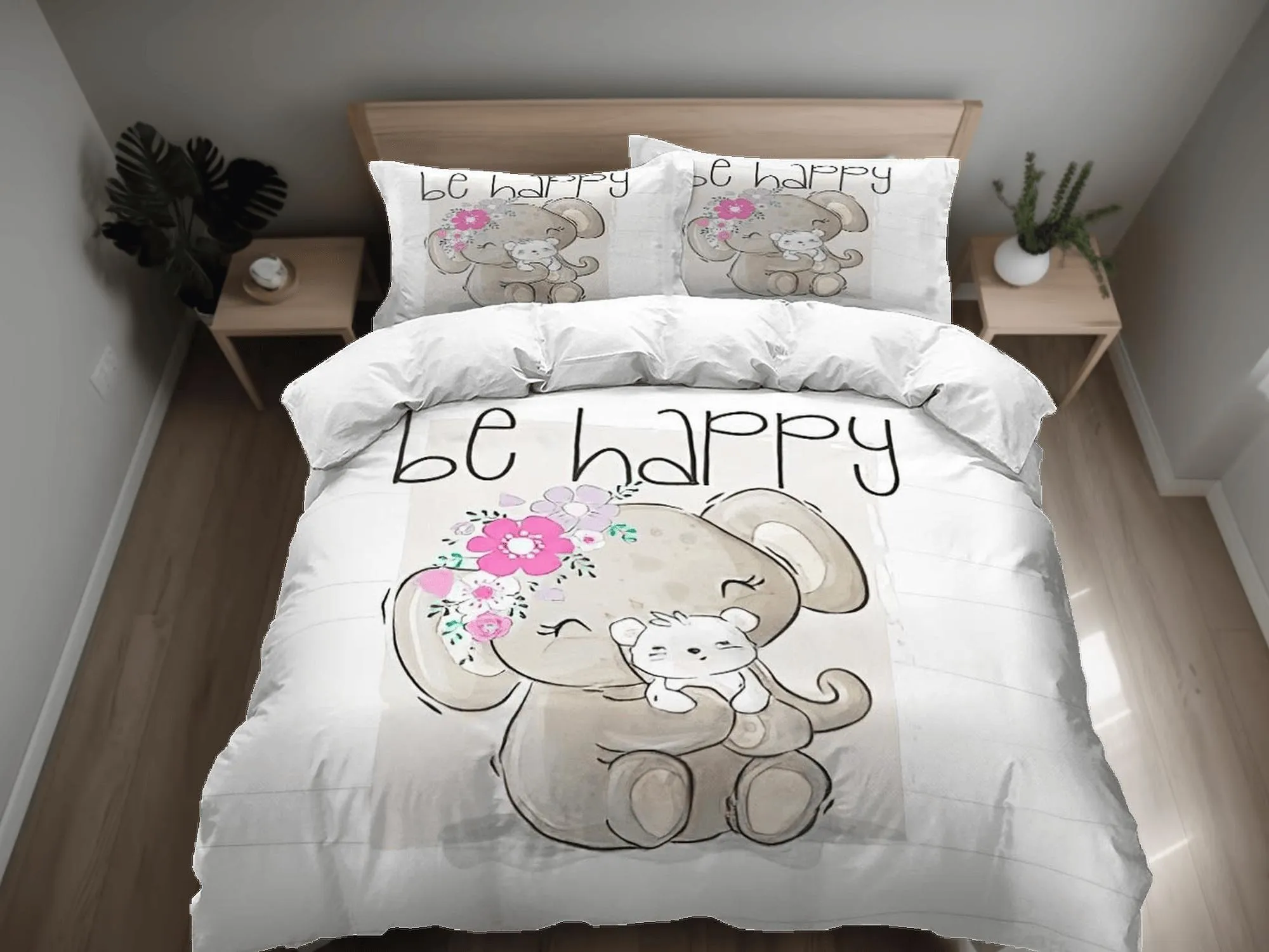 Be happy elephant holding puppy bedding cute duvet cover set, kids bedding full, nursery bed decor, elephant baby shower, toddler bedding