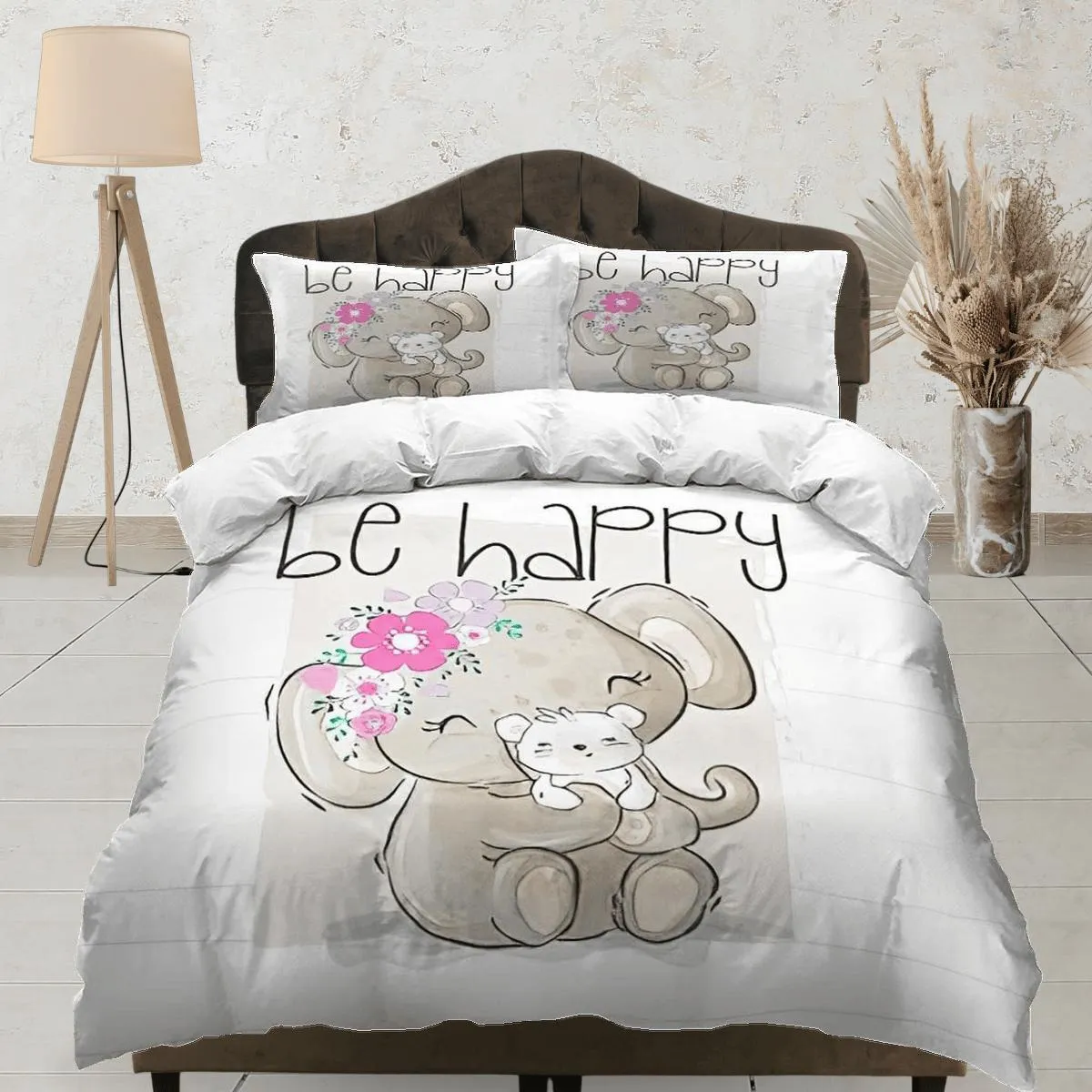 Be happy elephant holding puppy bedding cute duvet cover set, kids bedding full, nursery bed decor, elephant baby shower, toddler bedding