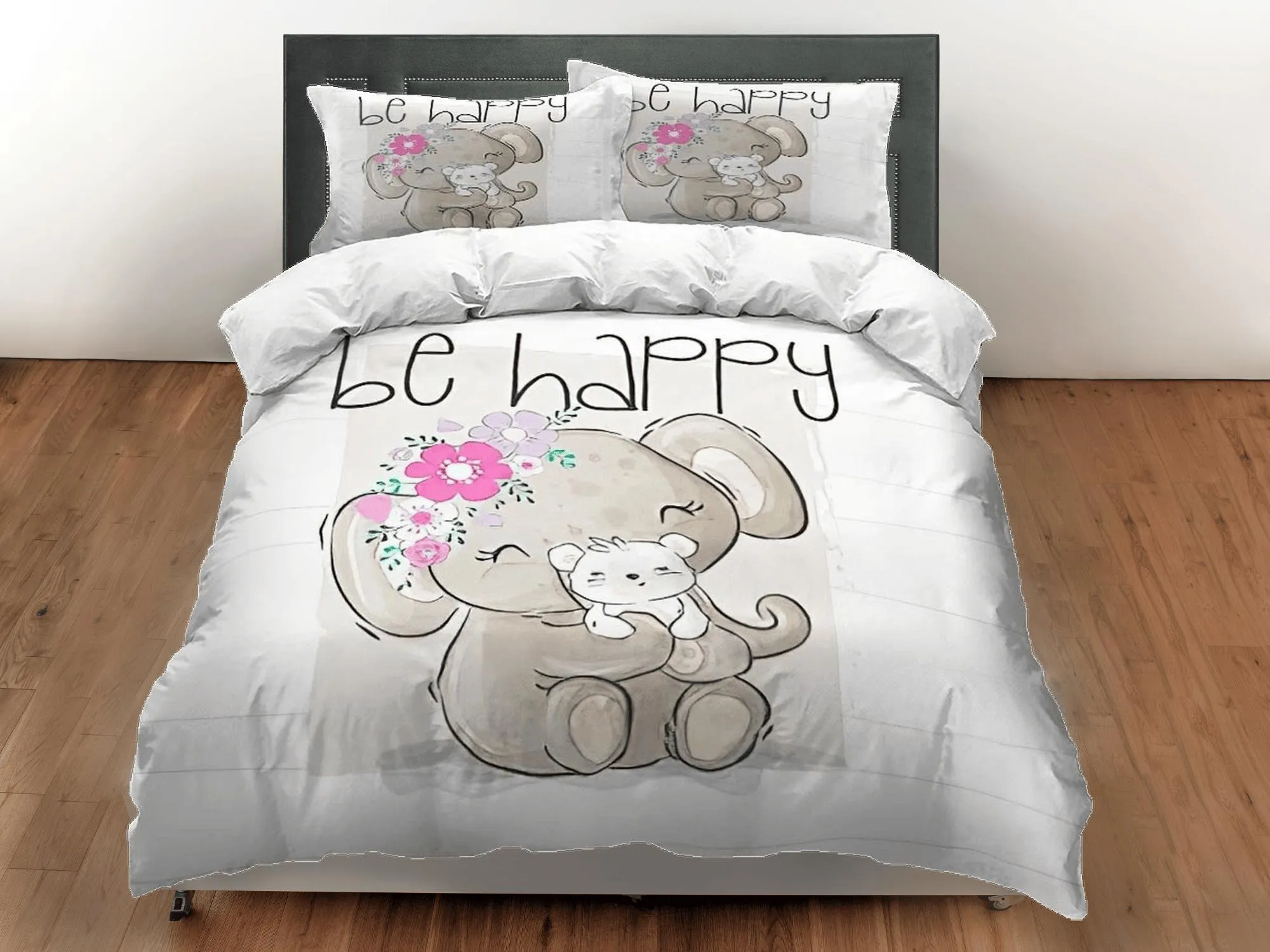 Be happy elephant holding puppy bedding cute duvet cover set, kids bedding full, nursery bed decor, elephant baby shower, toddler bedding