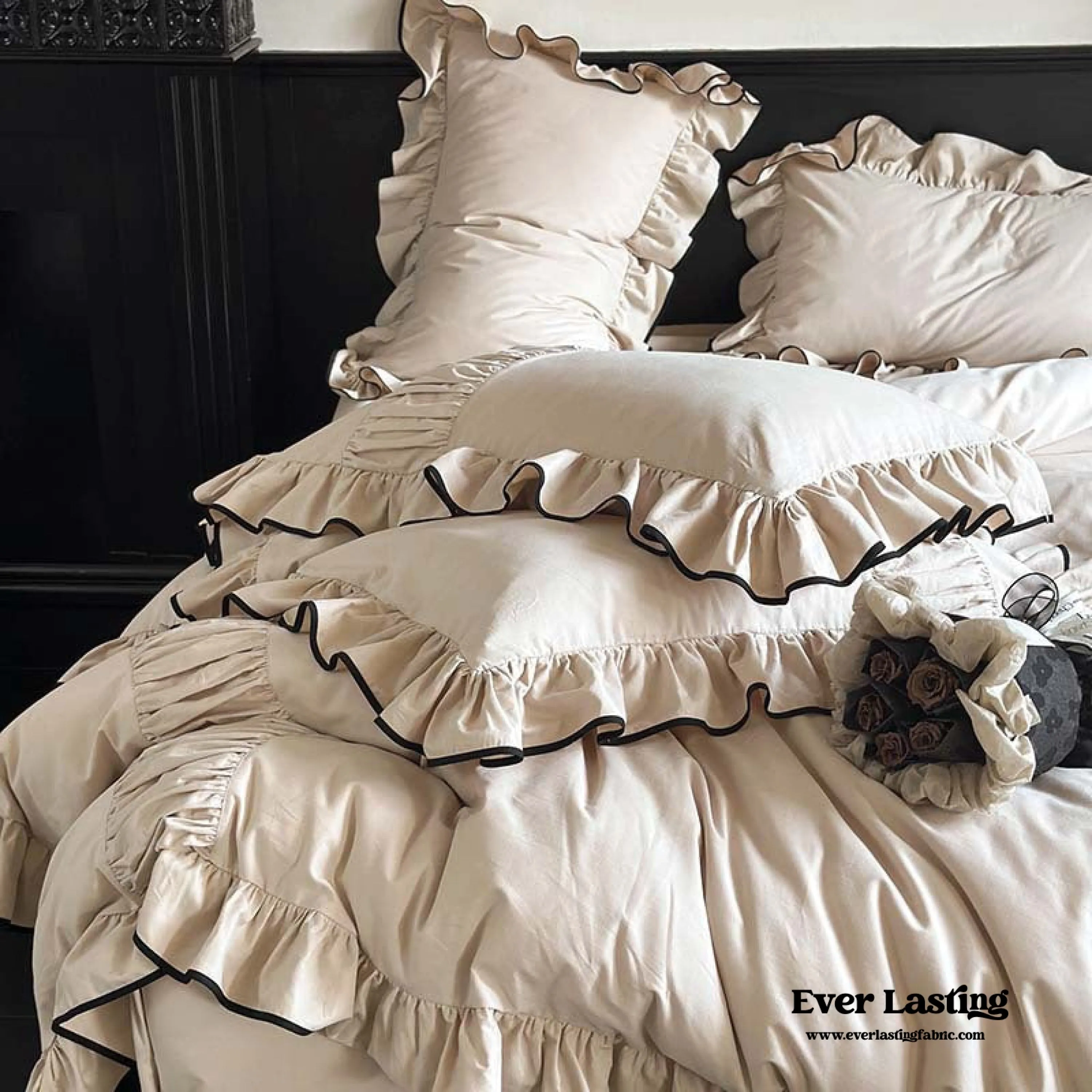 Beige Black Trim Ruffle Bedding Set