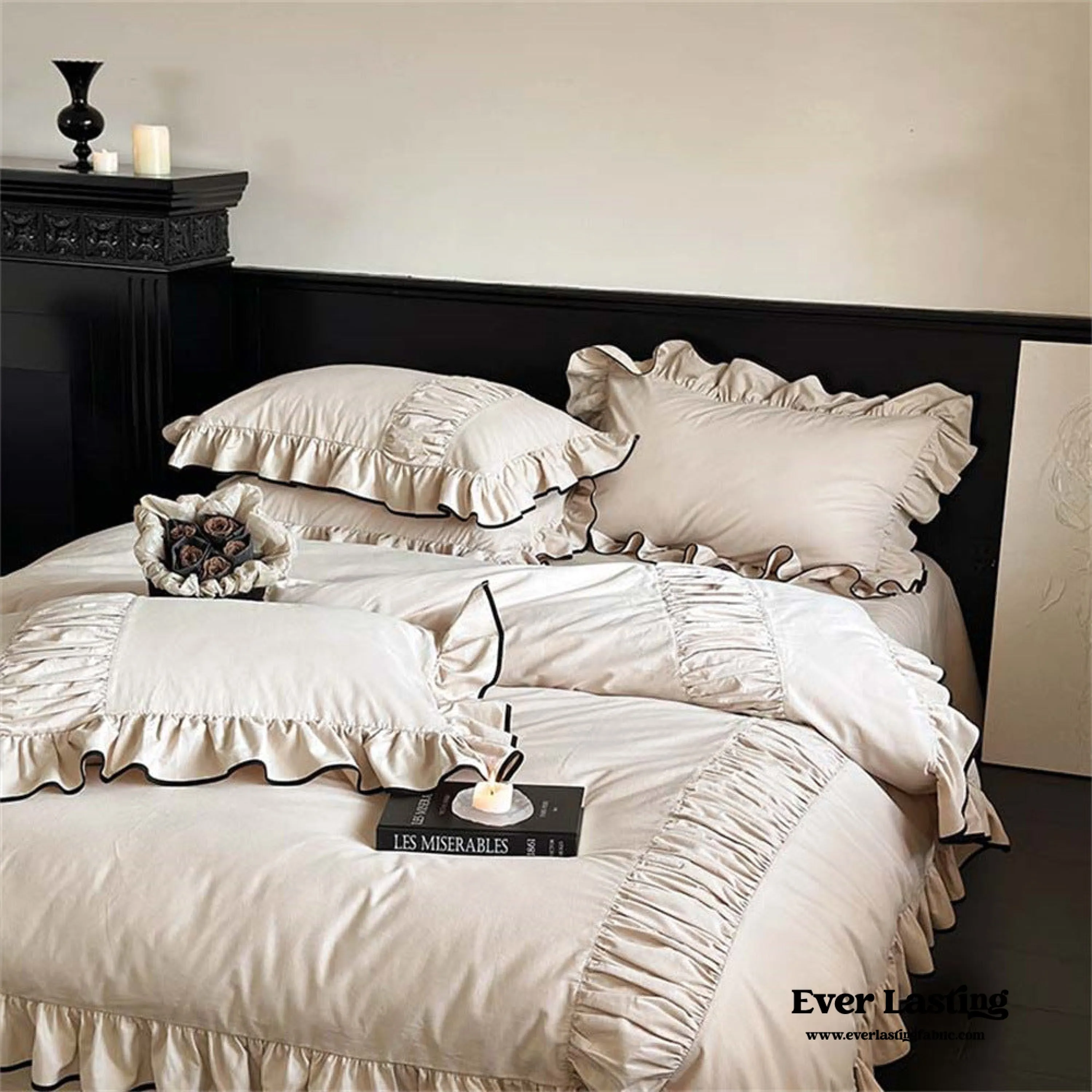 Beige Black Trim Ruffle Bedding Set