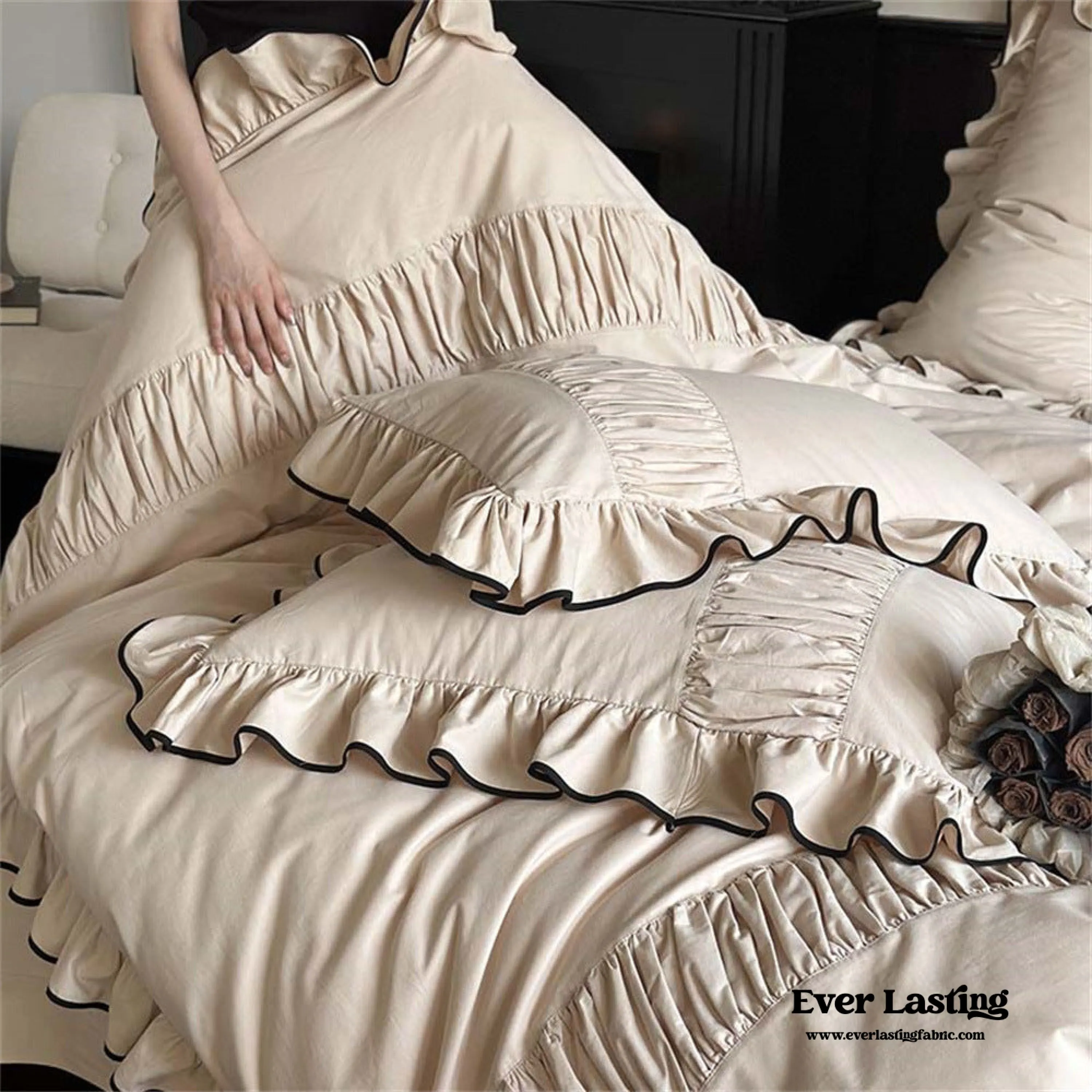 Beige Black Trim Ruffle Bedding Set