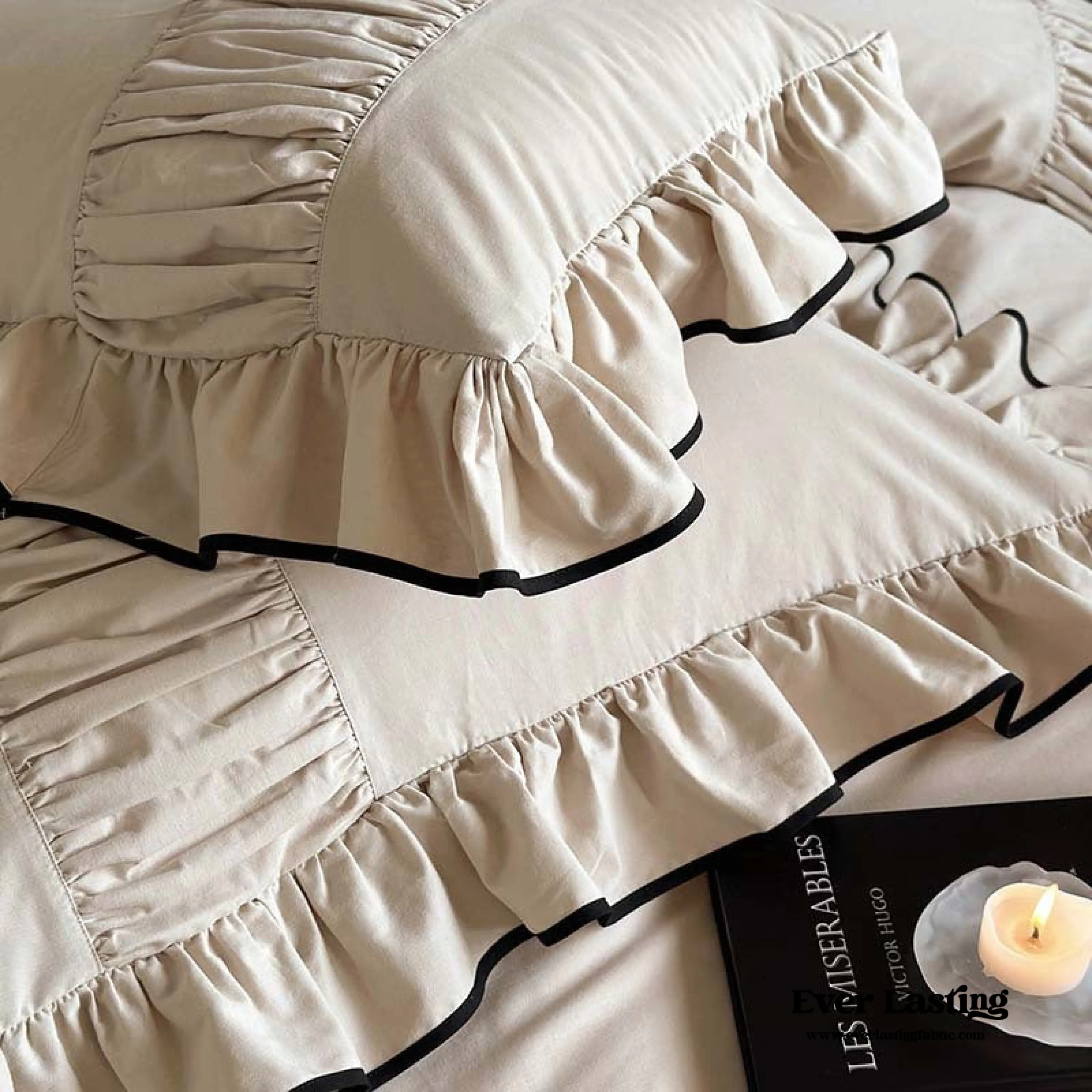 Beige Black Trim Ruffle Bedding Set