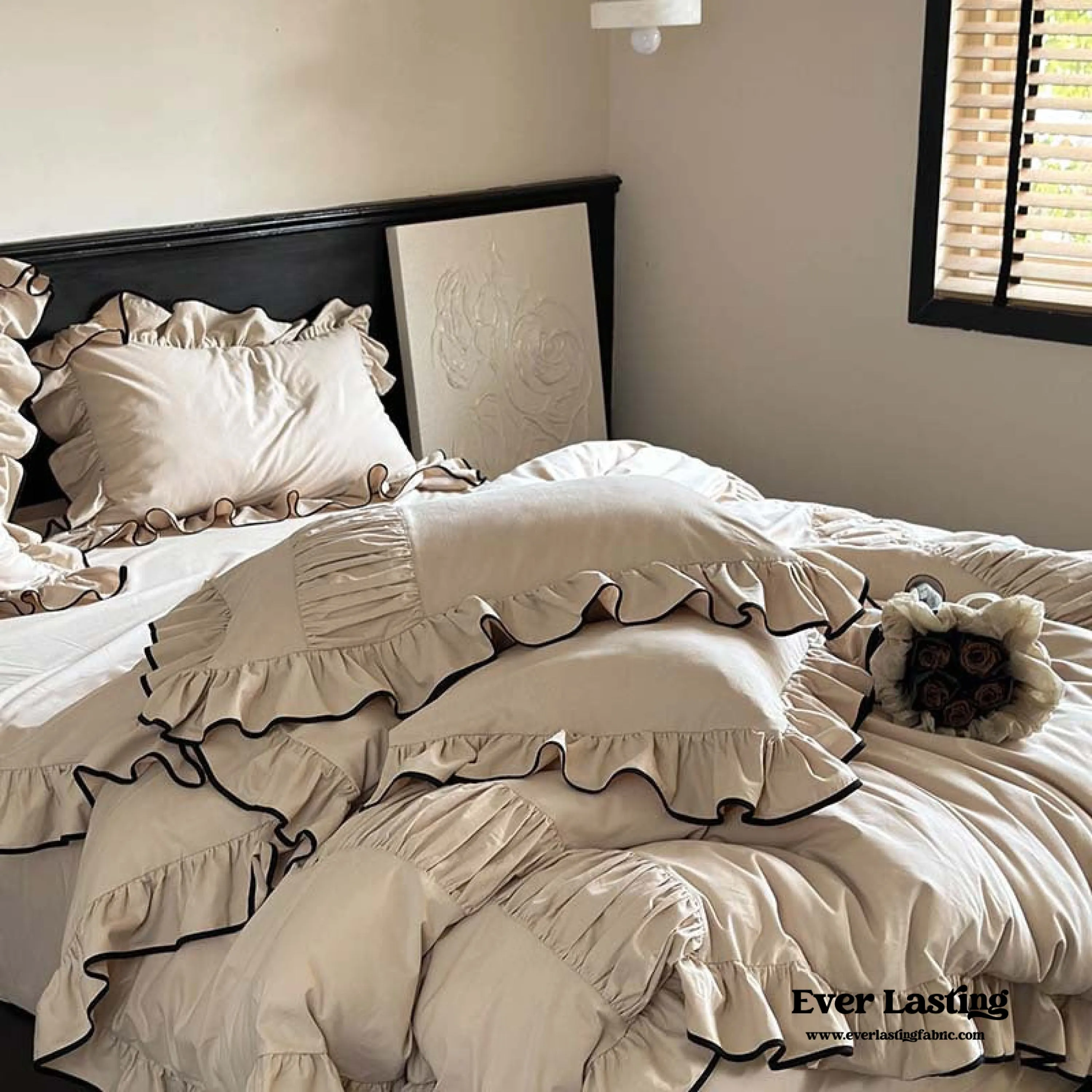 Beige Black Trim Ruffle Bedding Set