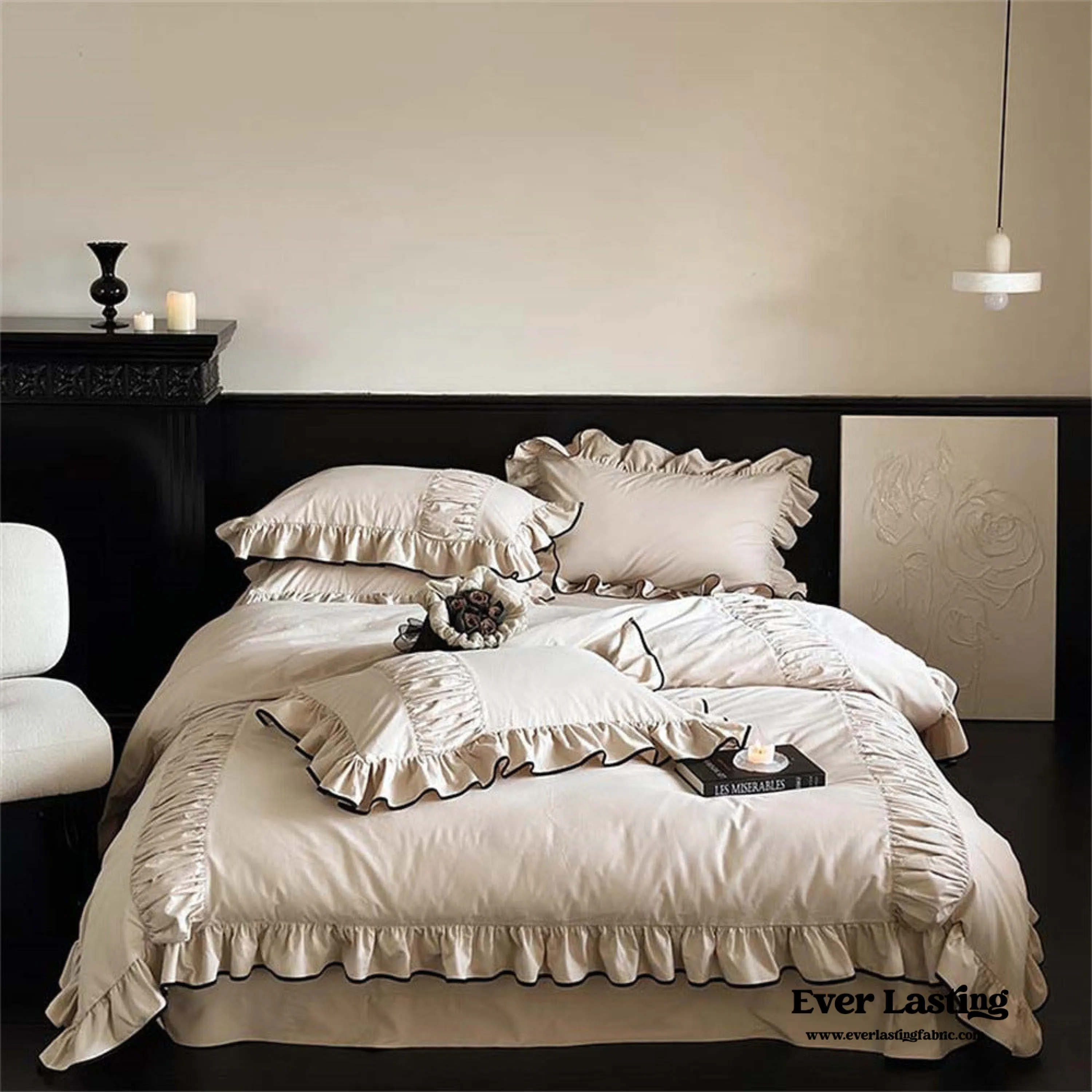 Beige Black Trim Ruffle Bedding Set