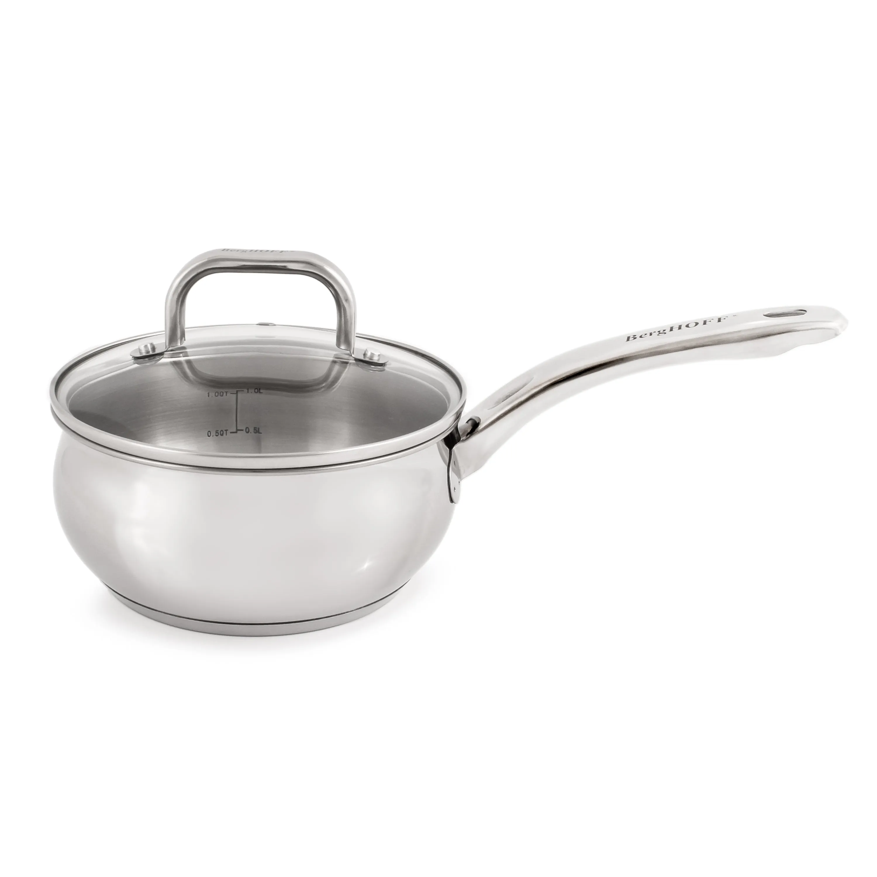 BergHOFF Belly Shape 18/10 Stainless Steel 6.25" Sauce Pan with Glass Lid, 1.5qt.