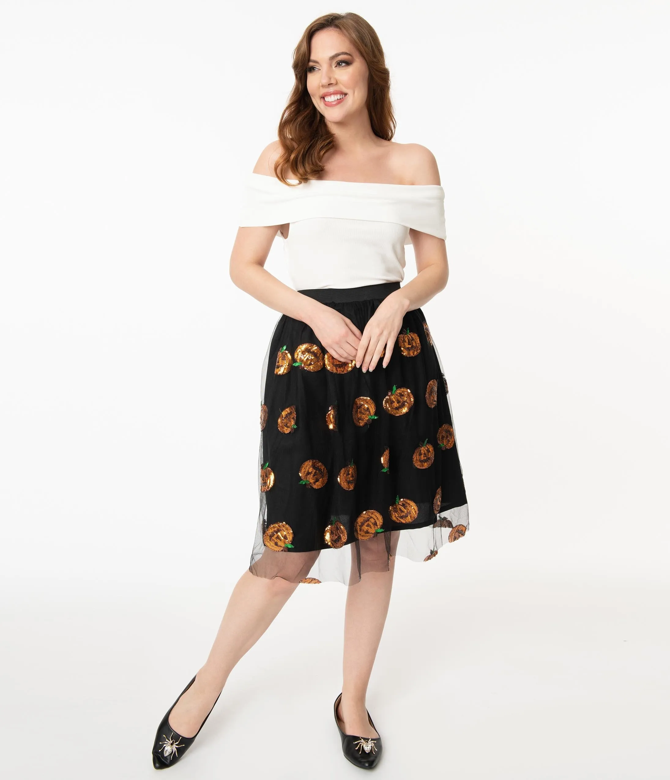 Black Tulle & Orange Pumpkin Sequin Swing Skirt