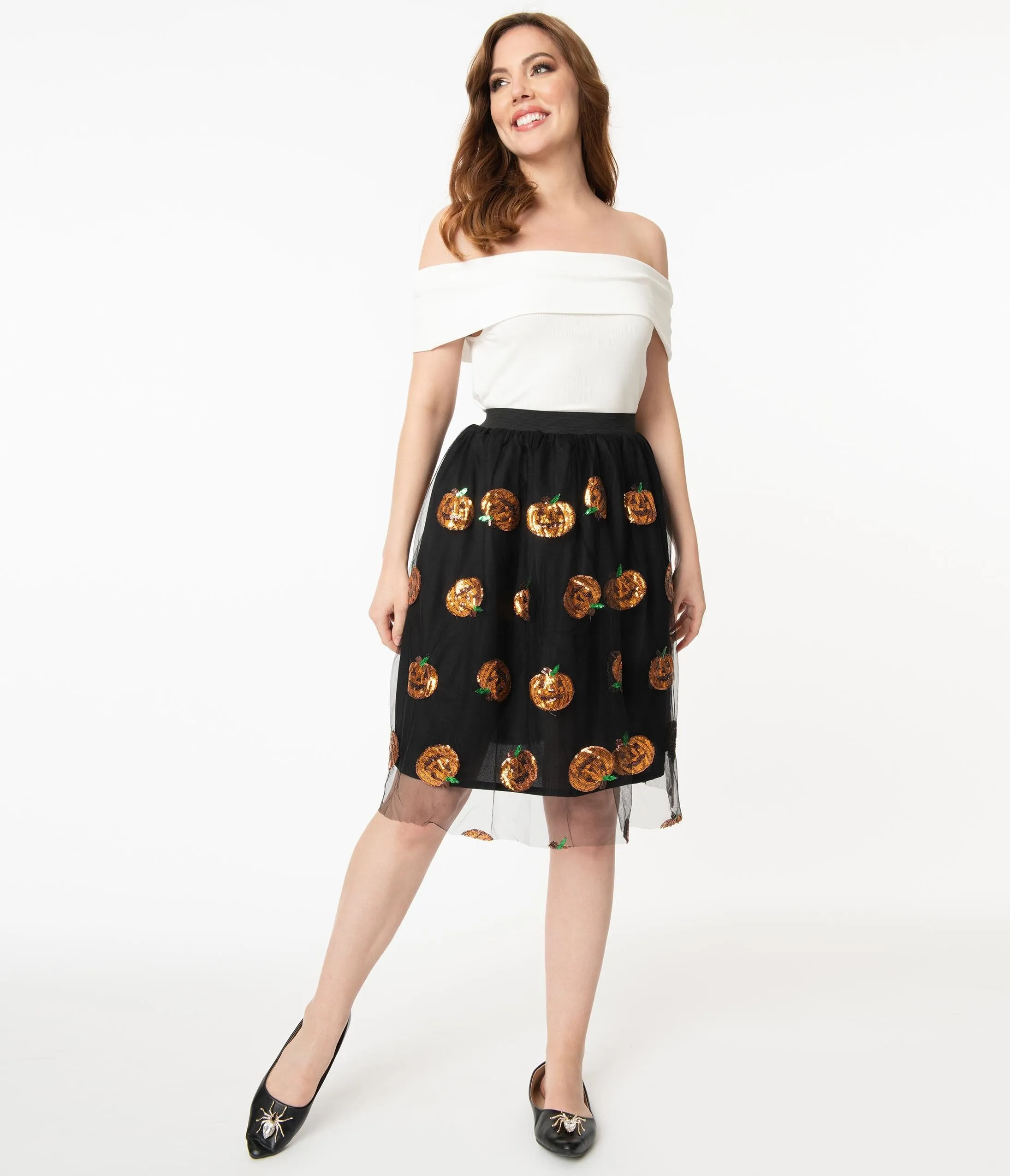 Black Tulle & Orange Pumpkin Sequin Swing Skirt