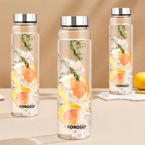 Borosil Crysto Glass Bottle Set of 3 - SS Lid