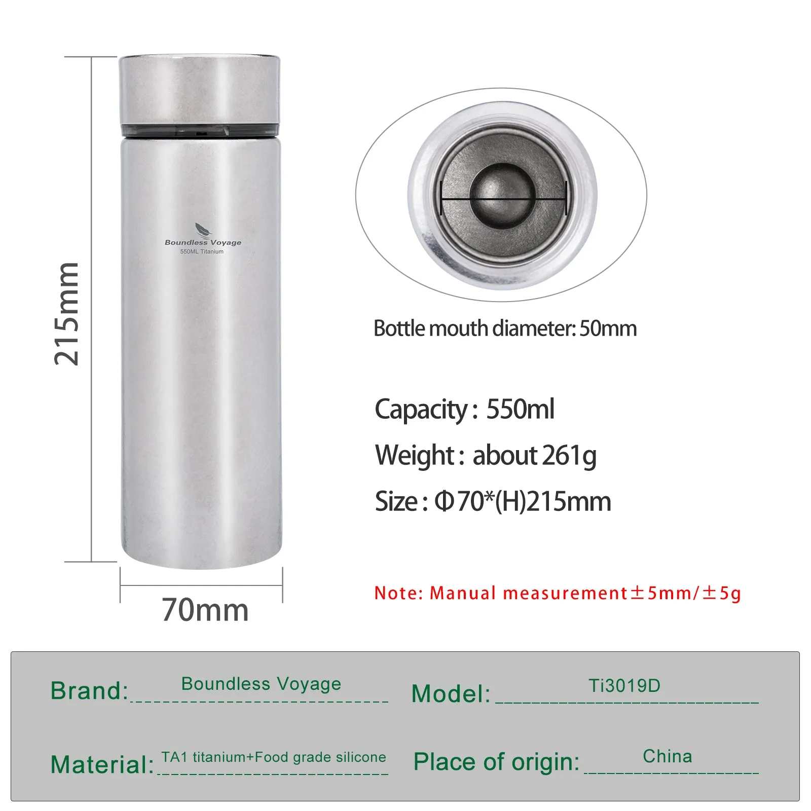 Boundless Voyage Titanium Thermos Bottle with Lid Double-Walled Insulated Water Mug 550ml