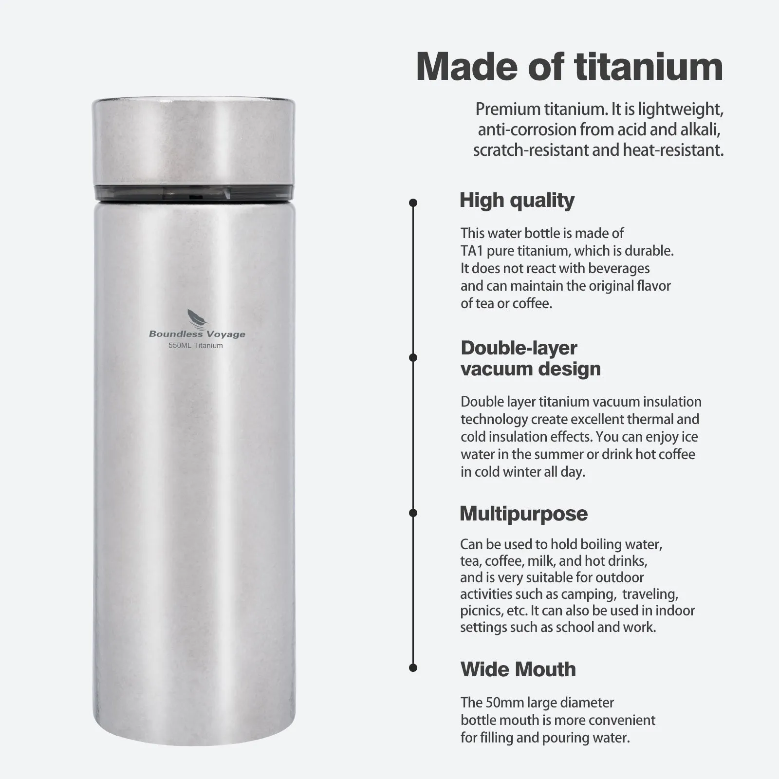 Boundless Voyage Titanium Thermos Bottle with Lid Double-Walled Insulated Water Mug 550ml