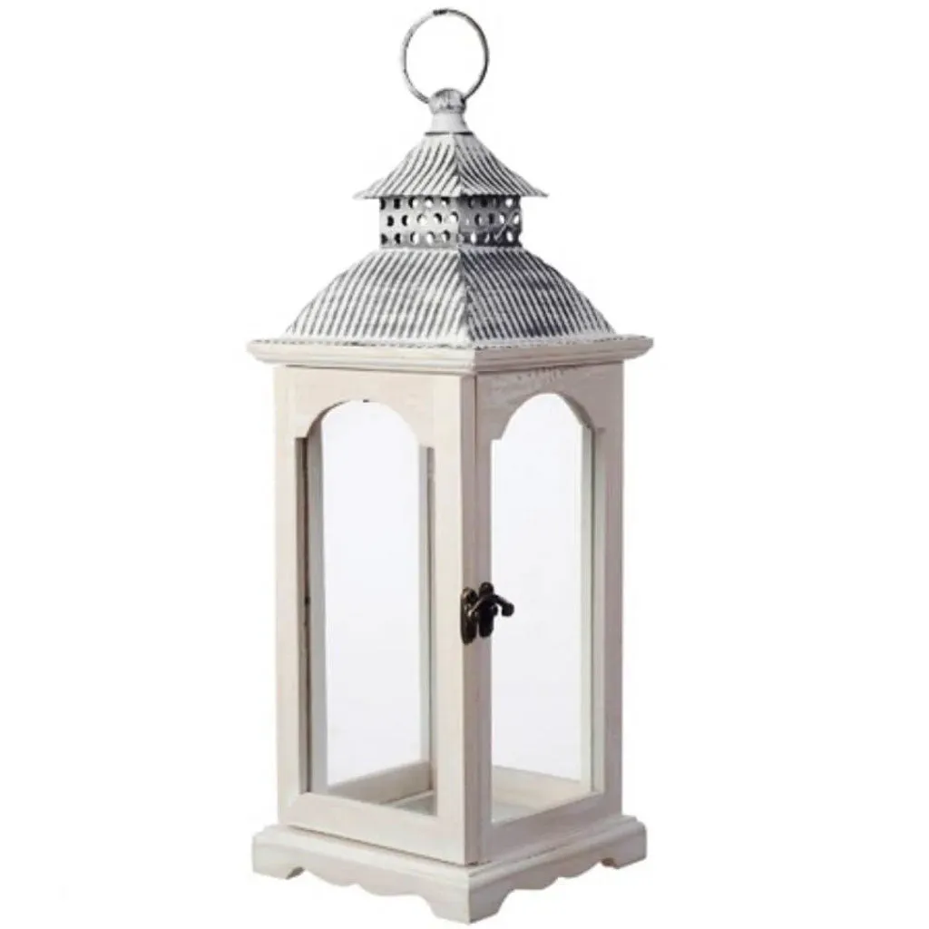 Brushed White Wooden Lantern with Gray Iron Top: 5.91 x 15.76 inches