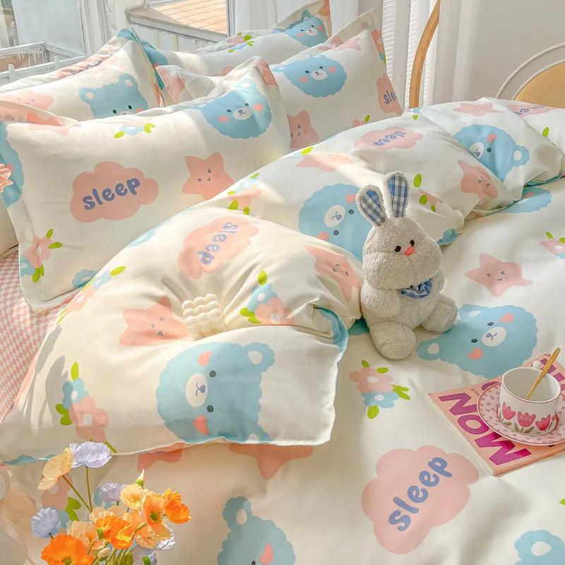 Bunny Bear Pink Yellow Blue Polyester Bedding Set | NEW