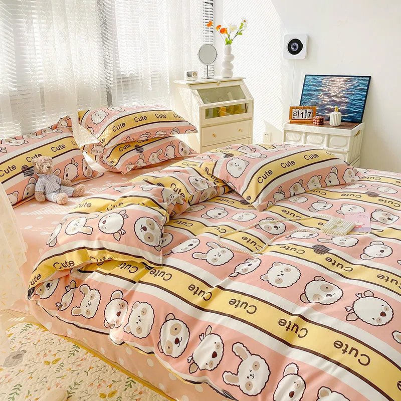 Bunny Bear Pink Yellow Blue Polyester Bedding Set | NEW