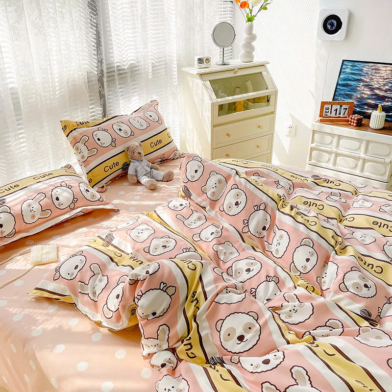 Bunny Bear Pink Yellow Blue Polyester Bedding Set | NEW