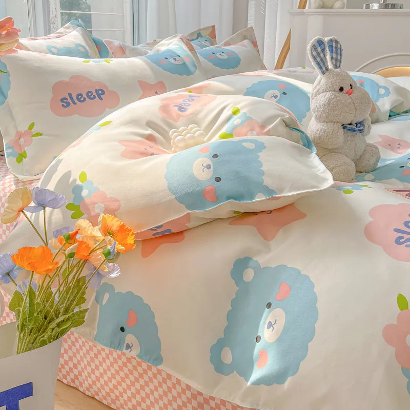 Bunny Bear Pink Yellow Blue Polyester Bedding Set | NEW