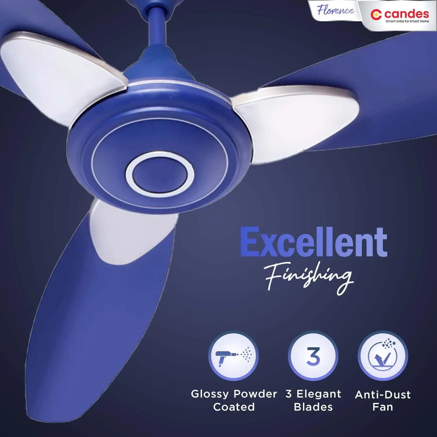 Candes Florence Ceiling Fans For Home 1200Mm / 48 Inch | Bee 3 stars Rated, High Air Delivery, Noiseless & Energy Efficient | 1 1 Years Warranty | Silver Blue, Pack Of 2