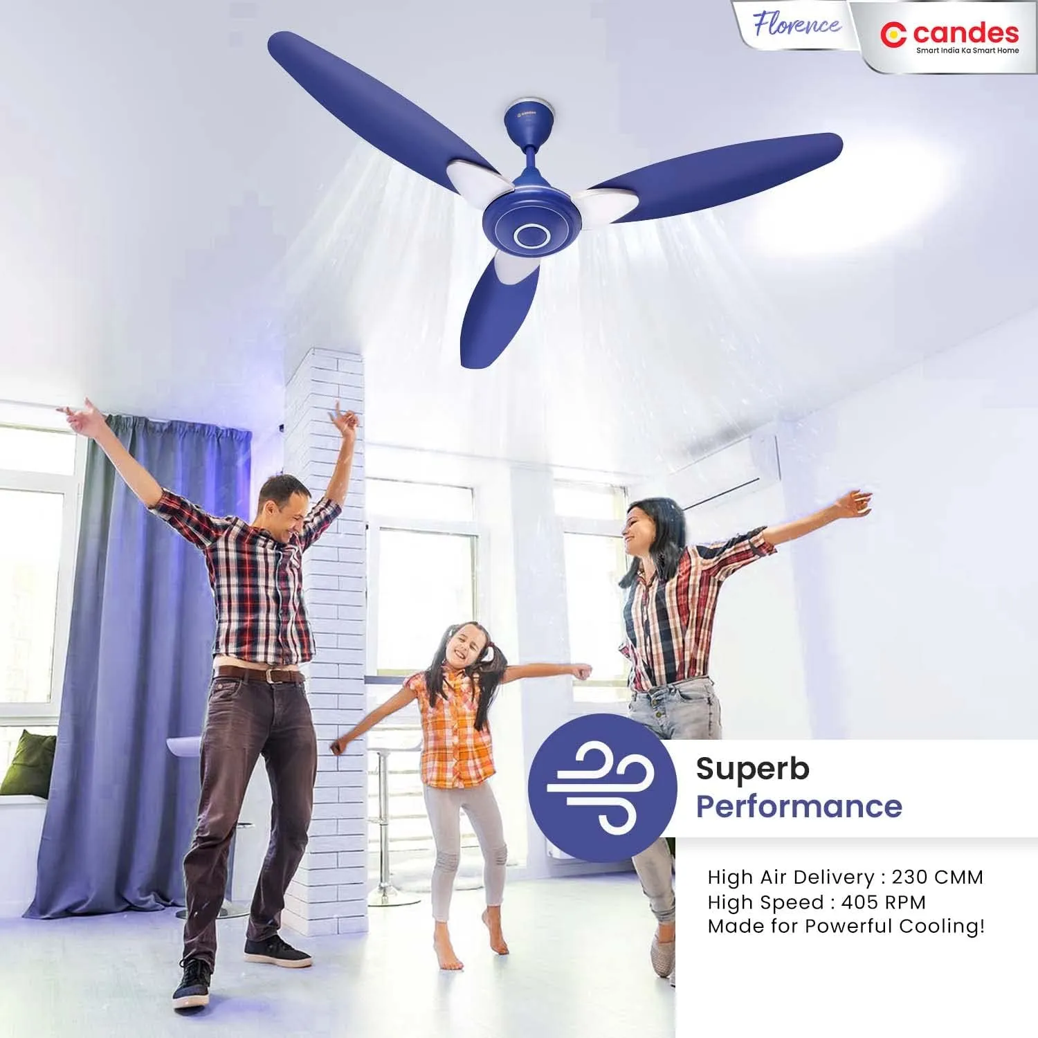 Candes Florence Ceiling Fans For Home 1200Mm / 48 Inch | Bee 3 stars Rated, High Air Delivery, Noiseless & Energy Efficient | 1 1 Years Warranty | Silver Blue, Pack Of 2