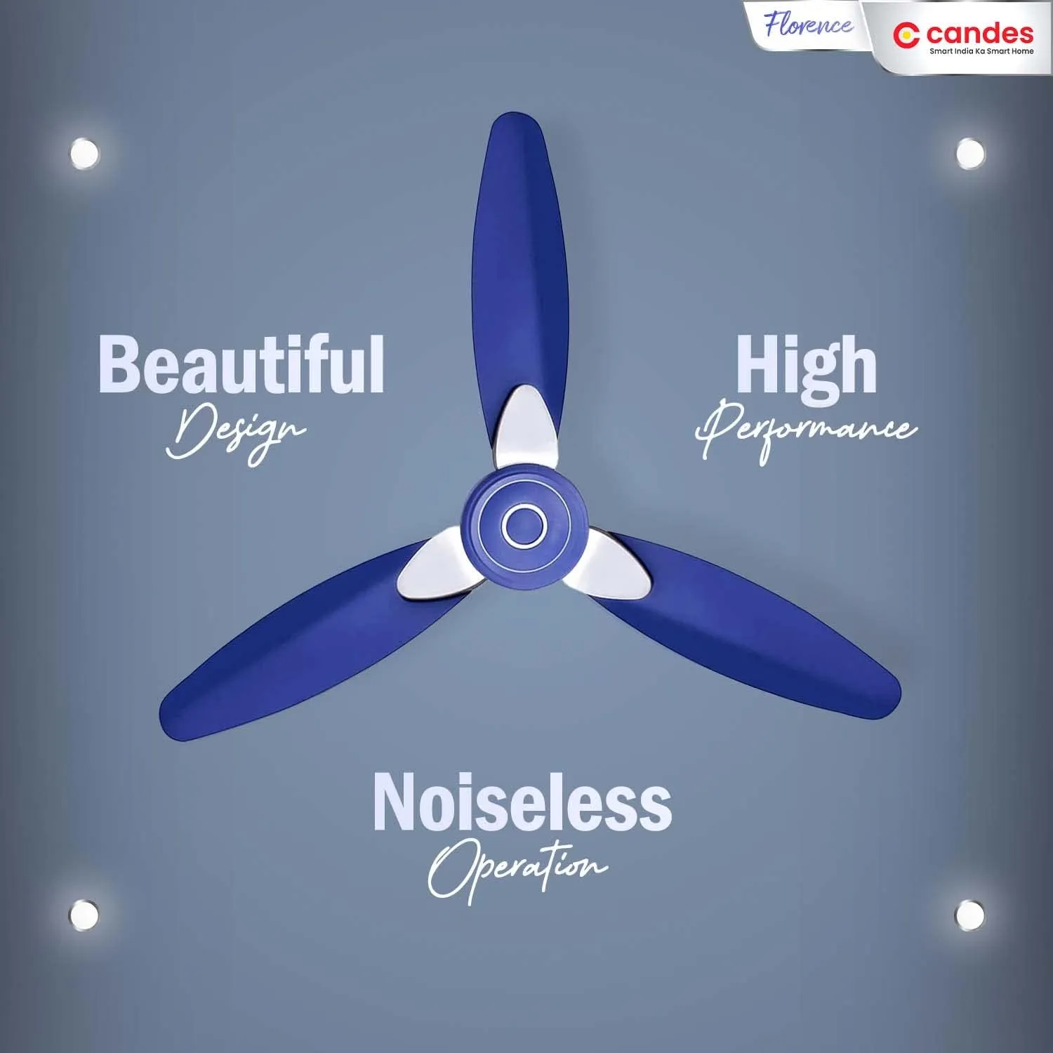 Candes Florence Ceiling Fans For Home 1200Mm / 48 Inch | Bee 3 stars Rated, High Air Delivery, Noiseless & Energy Efficient | 1 1 Years Warranty | Silver Blue, Pack Of 2