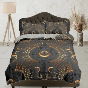 Celestial dark grey moon bedding, witchy decor dorm bedding, aesthetic duvet, boho bedding set full king queen, astrology gifts, gothic art