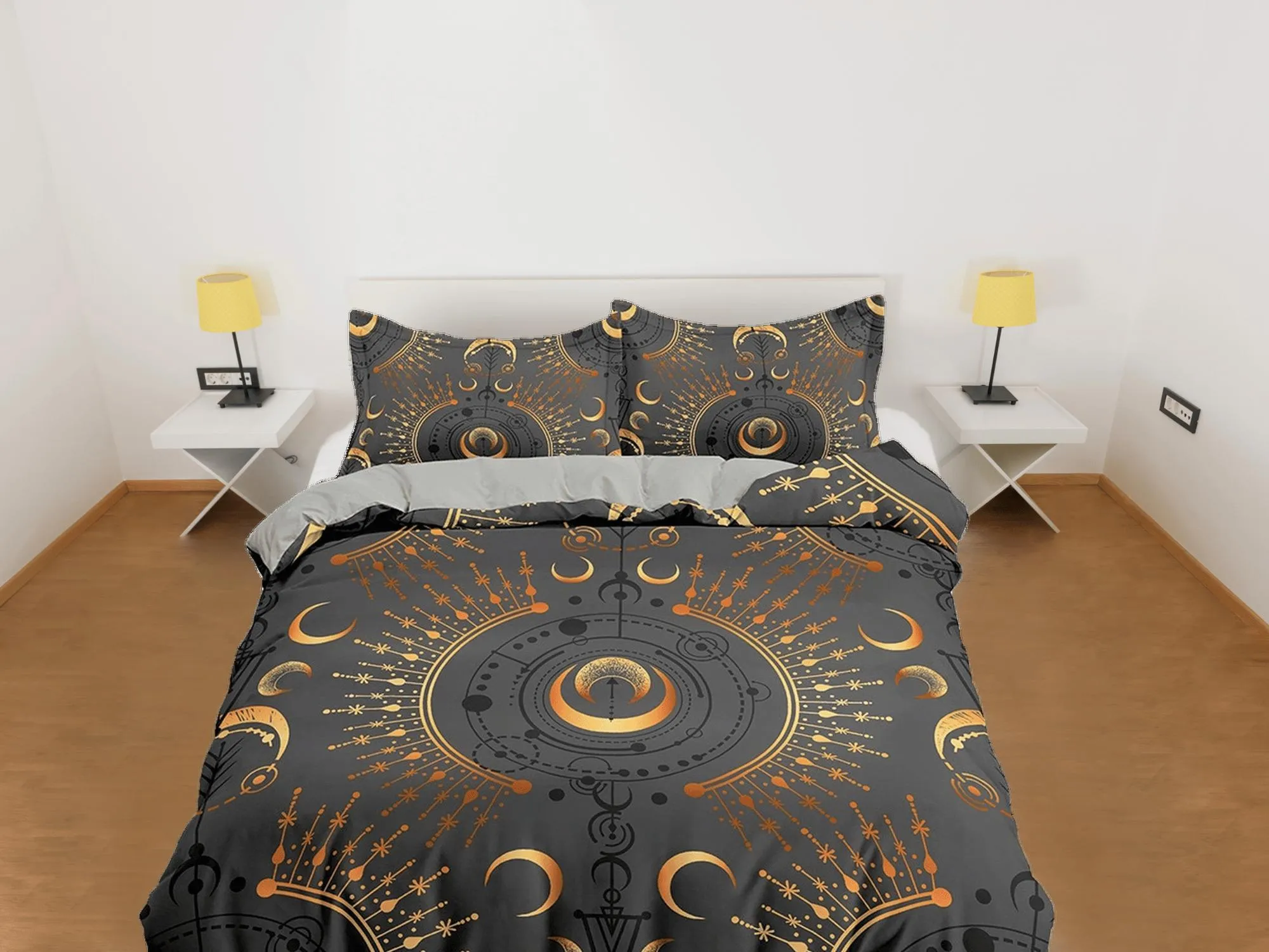 Celestial dark grey moon bedding, witchy decor dorm bedding, aesthetic duvet, boho bedding set full king queen, astrology gifts, gothic art