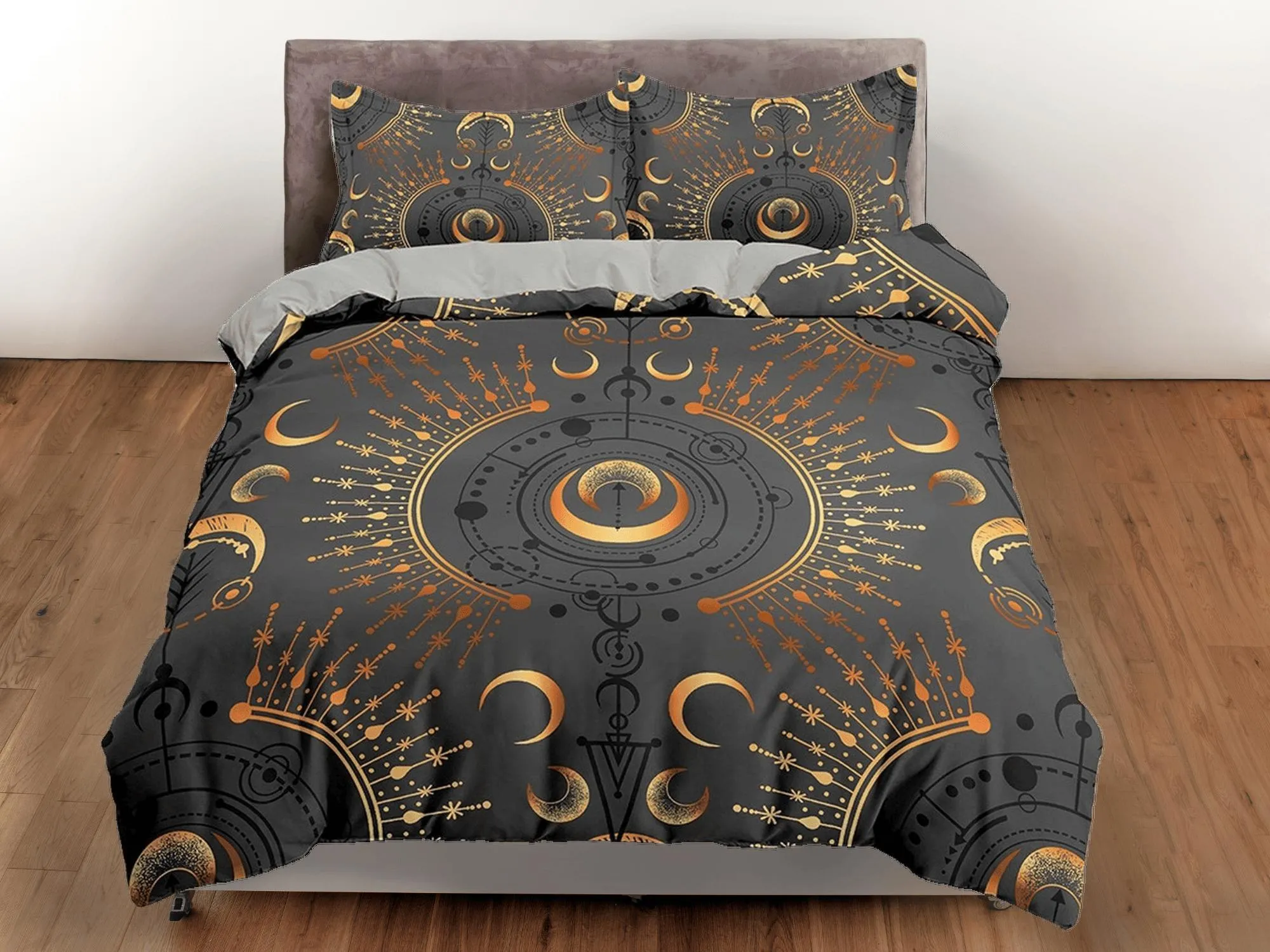 Celestial dark grey moon bedding, witchy decor dorm bedding, aesthetic duvet, boho bedding set full king queen, astrology gifts, gothic art