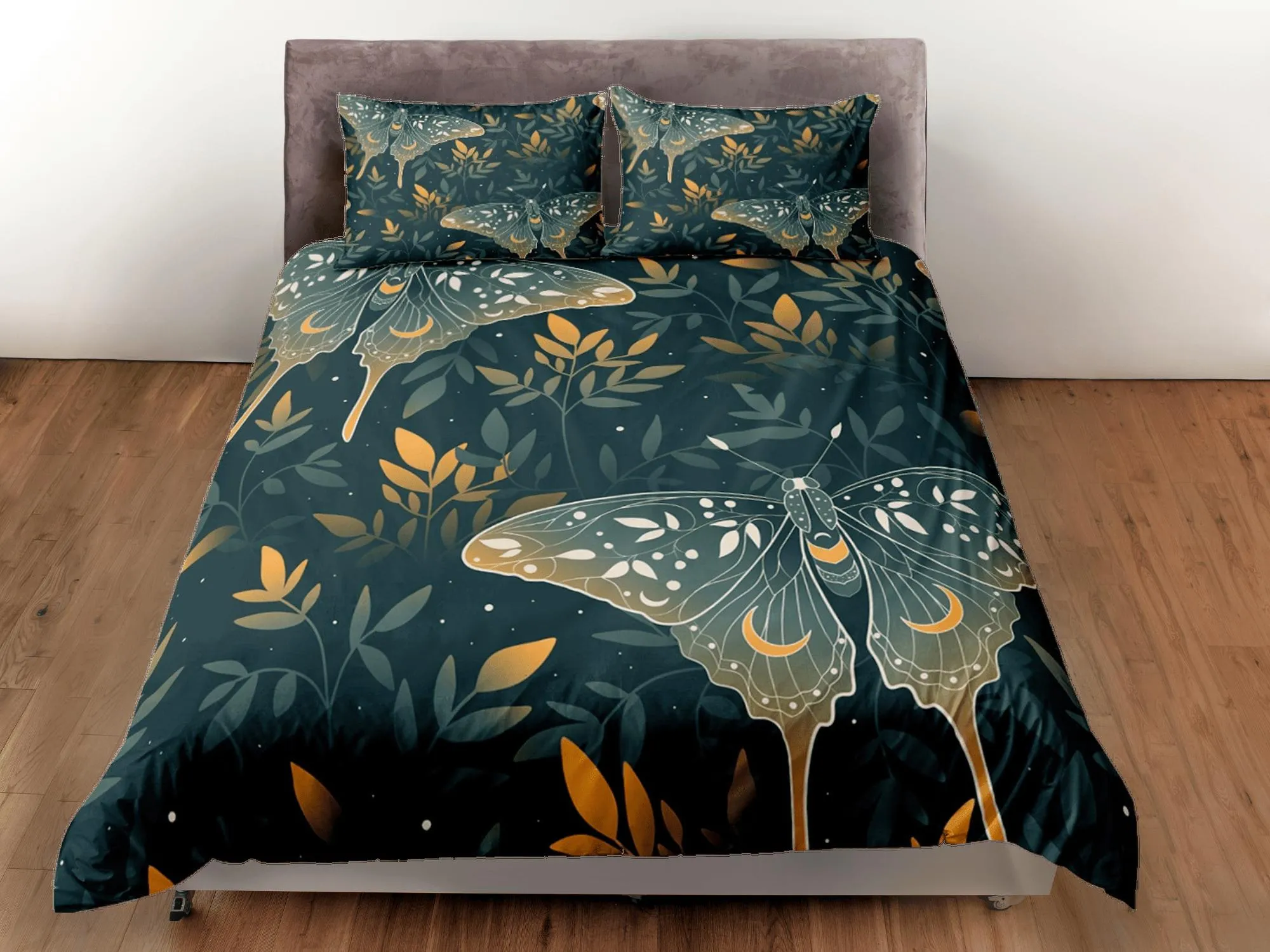 Celestial luna moth dark green bedding, witchy decor dorm bedding, aesthetic duvet, boho bedding set full king queen, astrology gothic art