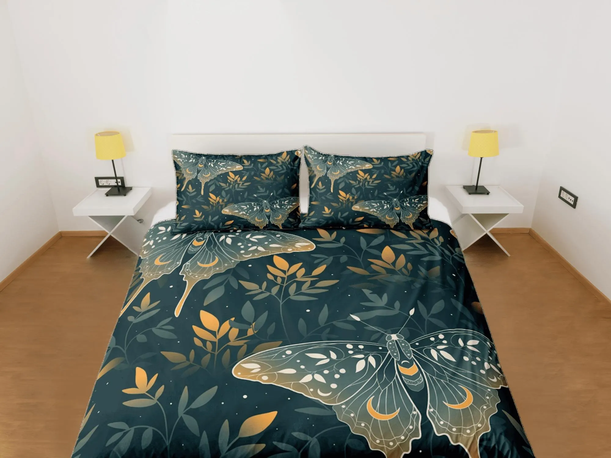 Celestial luna moth dark green bedding, witchy decor dorm bedding, aesthetic duvet, boho bedding set full king queen, astrology gothic art