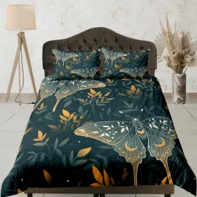 Celestial luna moth dark green bedding, witchy decor dorm bedding, aesthetic duvet, boho bedding set full king queen, astrology gothic art