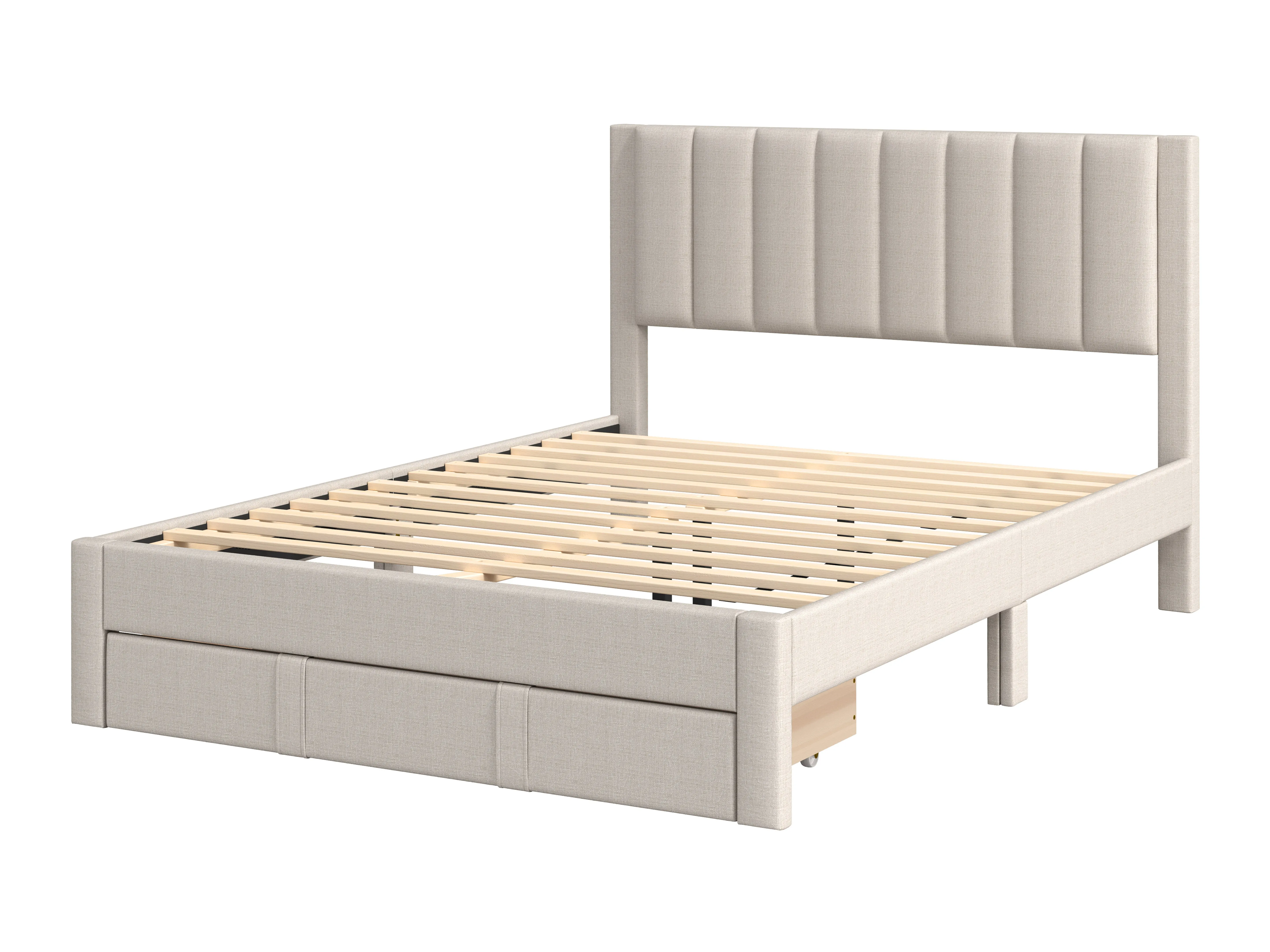 Channel Tufted Beige Double Bed with Storage