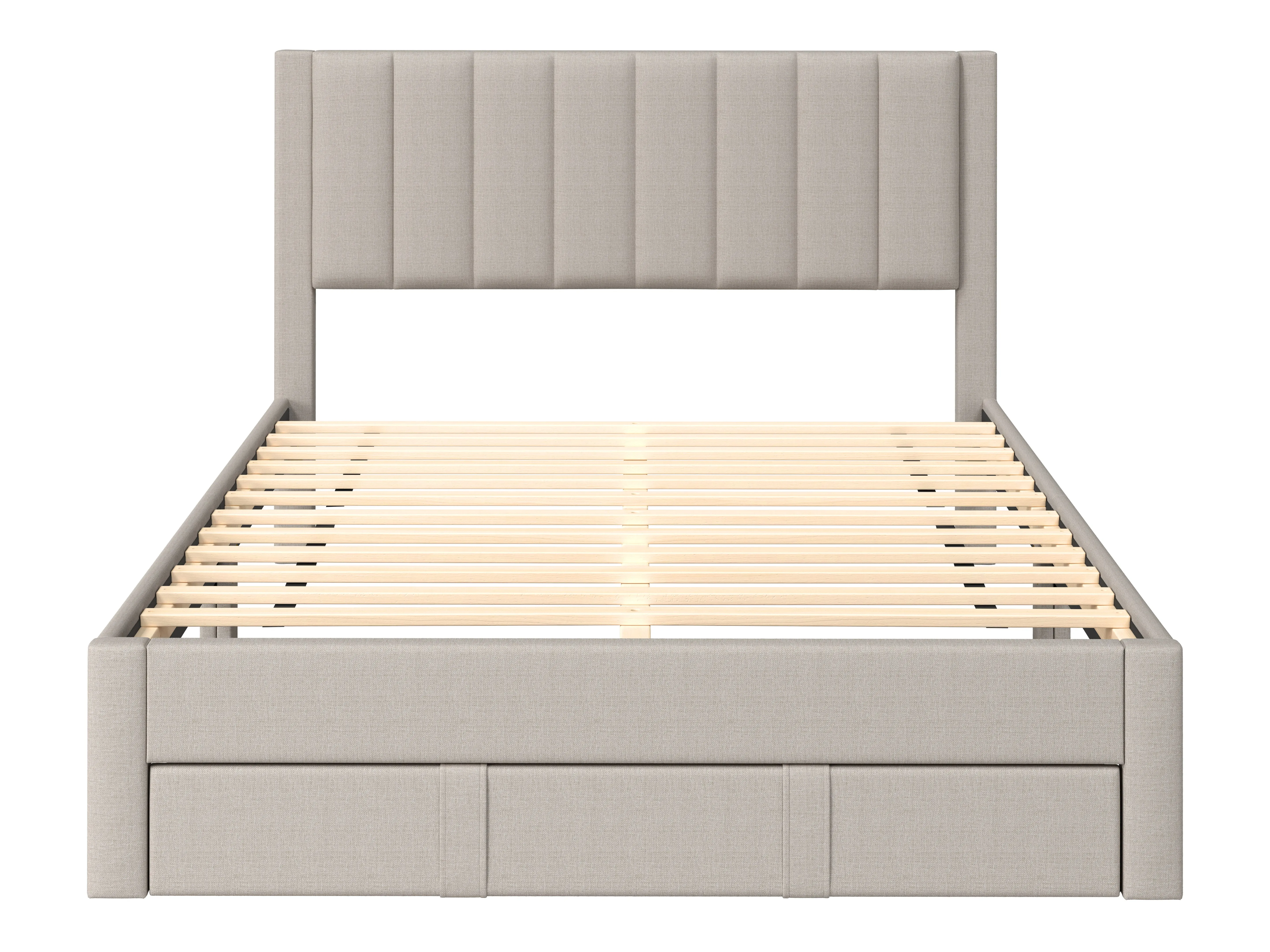 Channel Tufted Beige Double Bed with Storage