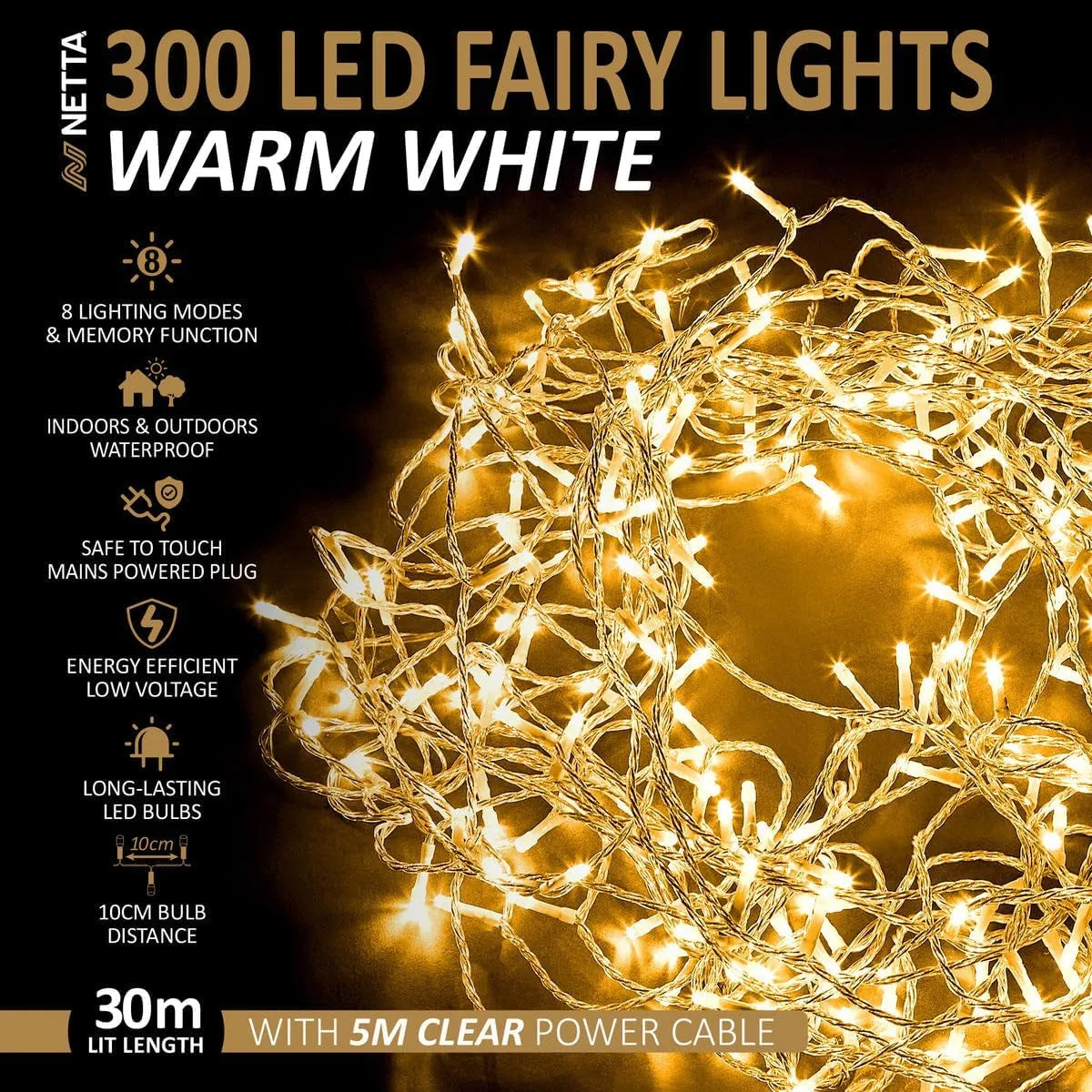 Christmas Tree Lights 300 LED 30m Lit Length Warm White with Clear Cable - Fairy String Party Lights Plug in with Memory Functions, 10cm Bulb Distance - Suitable for Outdoor/Indoor Use