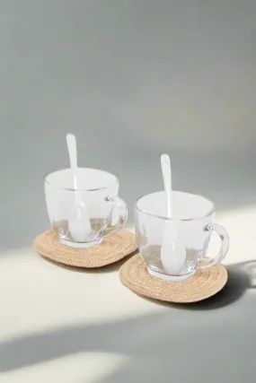 Clear Glass Cup With Cotton Rope Coaster And Spoon ( 6 Piece)