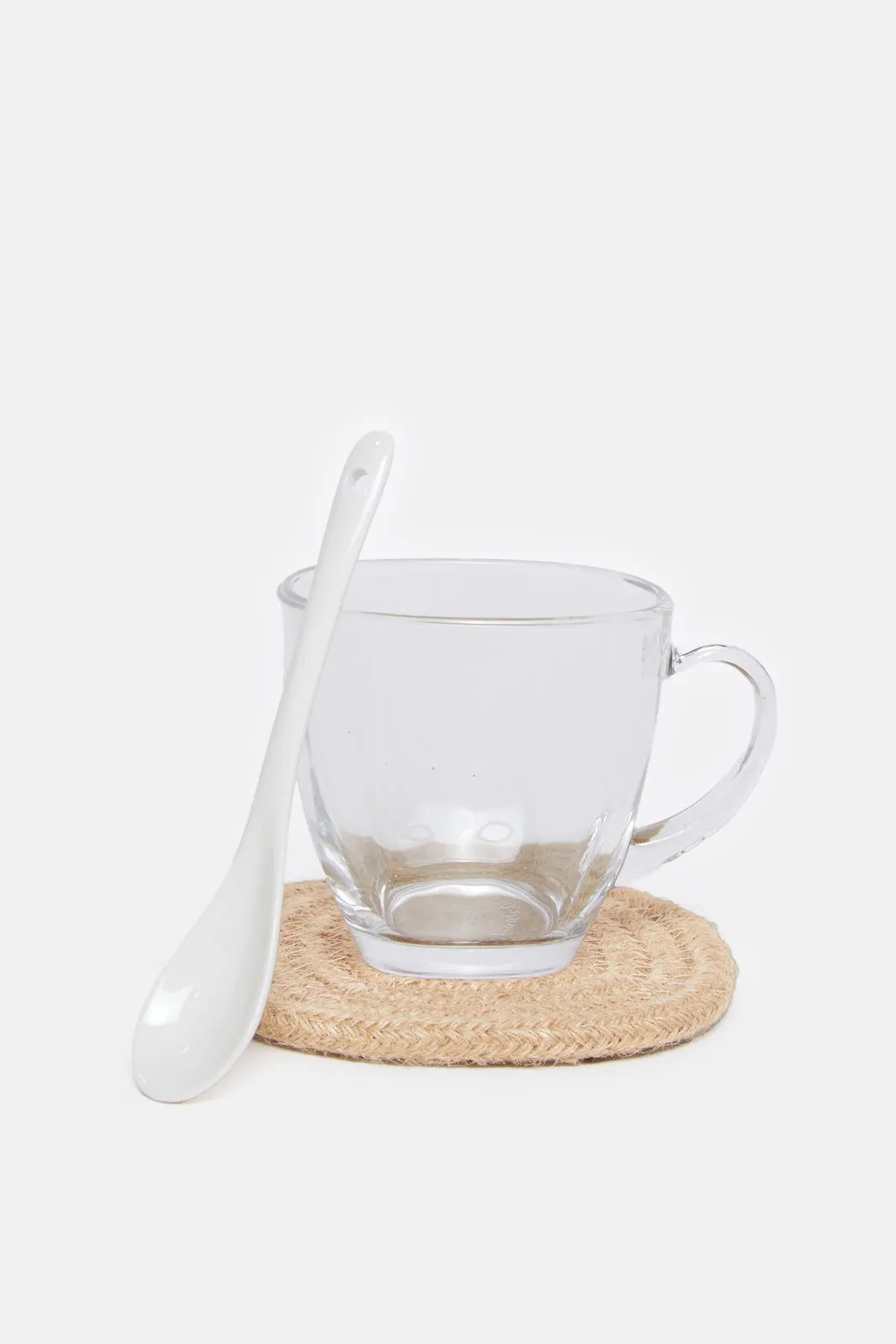 Clear Glass Cup With Cotton Rope Coaster And Spoon ( 6 Piece)