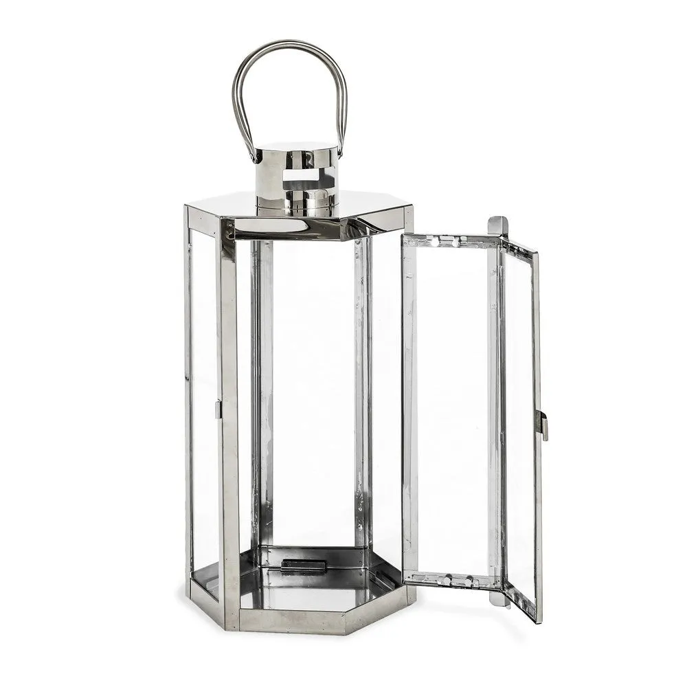 Clerk Lantern, Silver Stainless Steel Hexagonal, Tempered Glass, 16 Inch By Casagear Home