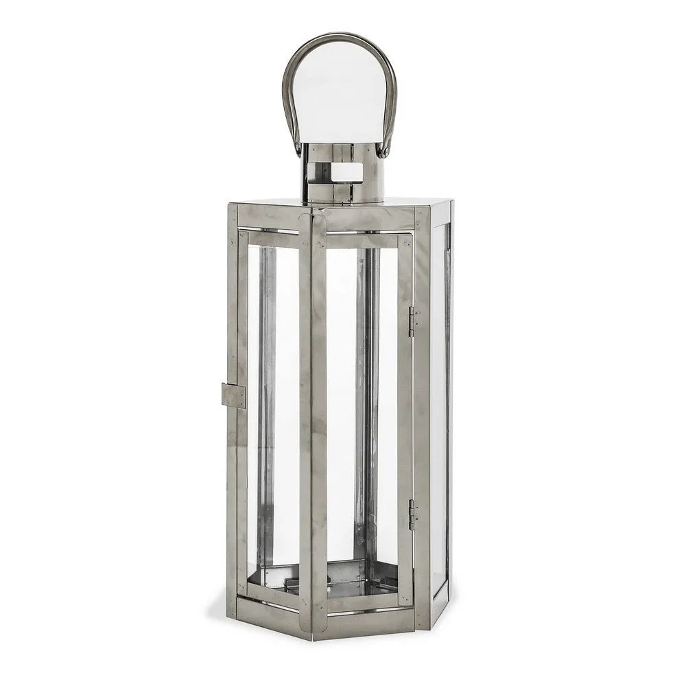 Clerk Lantern, Silver Stainless Steel Hexagonal, Tempered Glass, 16 Inch By Casagear Home