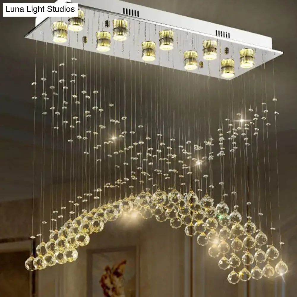 Contemporary Crystal Ceiling Light Fixture - 10 Heads Bend Flush Mount in Nickel Finish