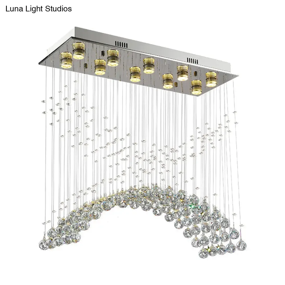 Contemporary Crystal Ceiling Light Fixture - 10 Heads Bend Flush Mount in Nickel Finish