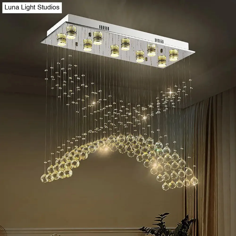 Contemporary Crystal Ceiling Light Fixture - 10 Heads Bend Flush Mount in Nickel Finish