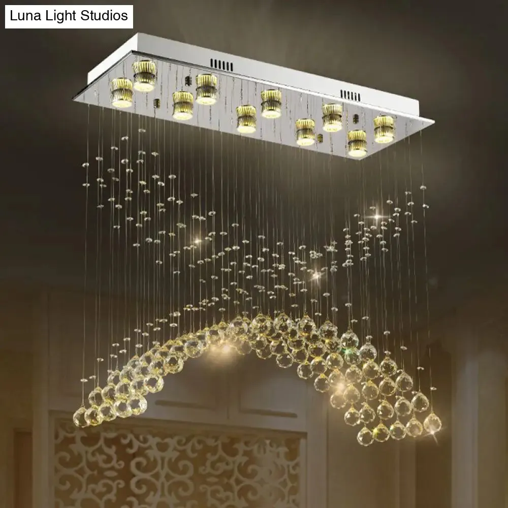 Contemporary Crystal Ceiling Light Fixture - 10 Heads Bend Flush Mount in Nickel Finish