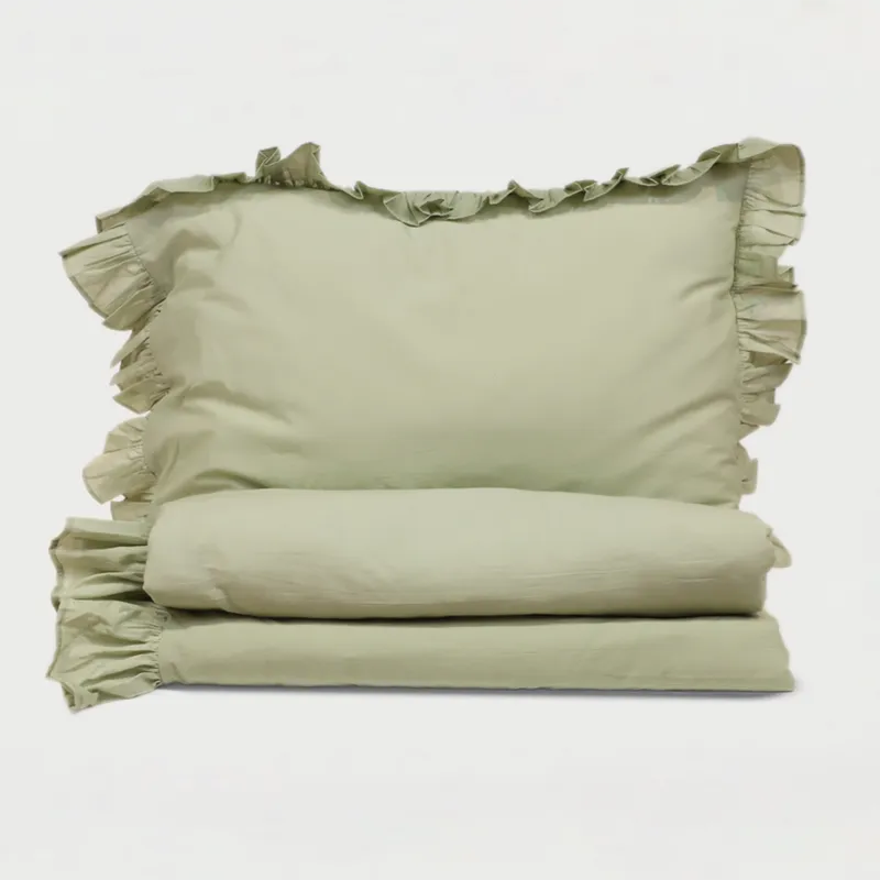 Cotton Duvet Cover with 2 Pillow Covers | Ruffled | Green | 255 x 225 cm