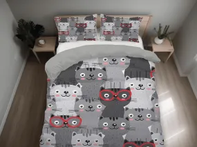 Cute and nerdy cats grey bedding, unisex toddler bedding, kids duvet cover set, gift for cat lovers, baby bedding, baby shower gift