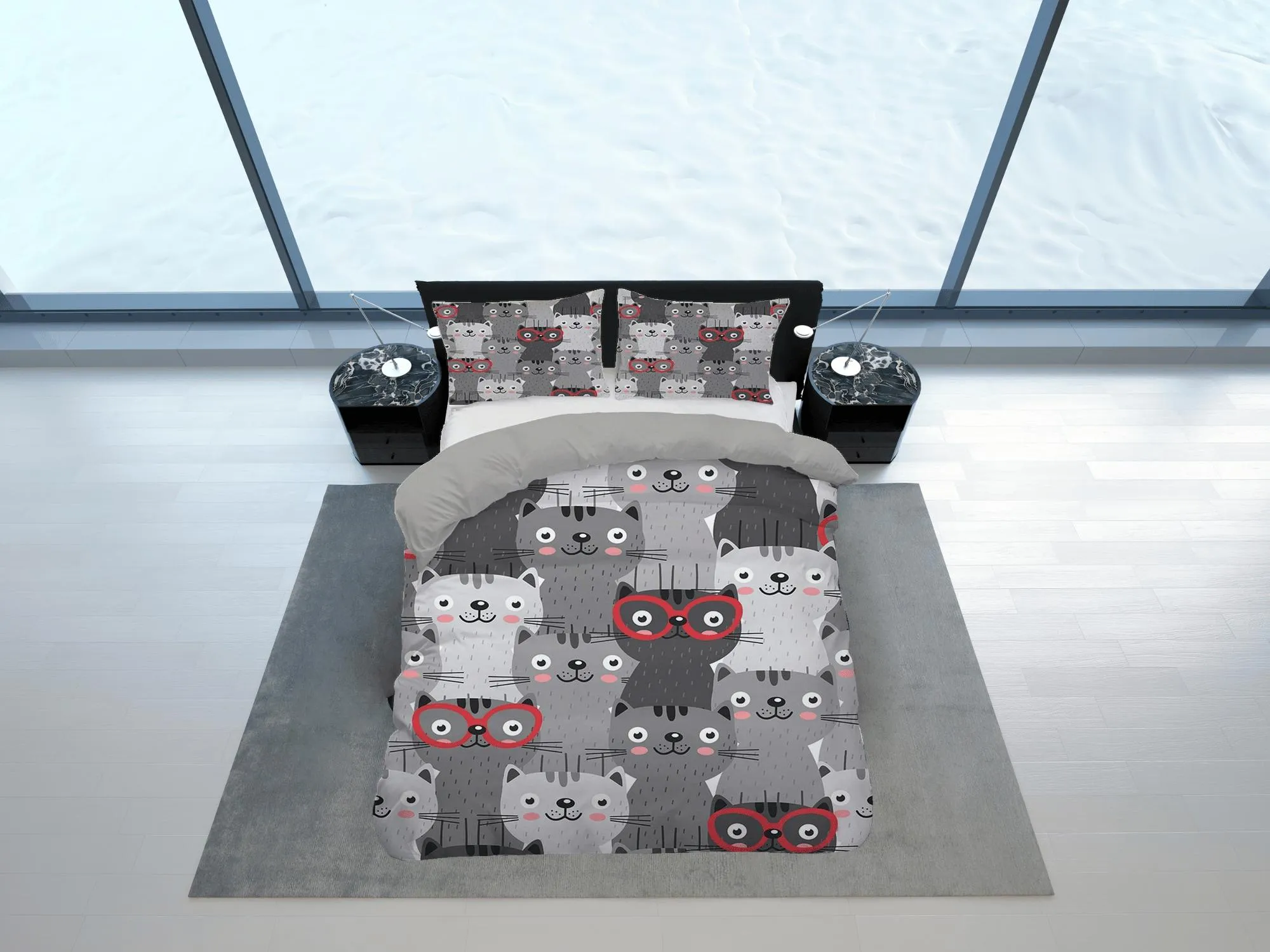 Cute and nerdy cats grey bedding, unisex toddler bedding, kids duvet cover set, gift for cat lovers, baby bedding, baby shower gift