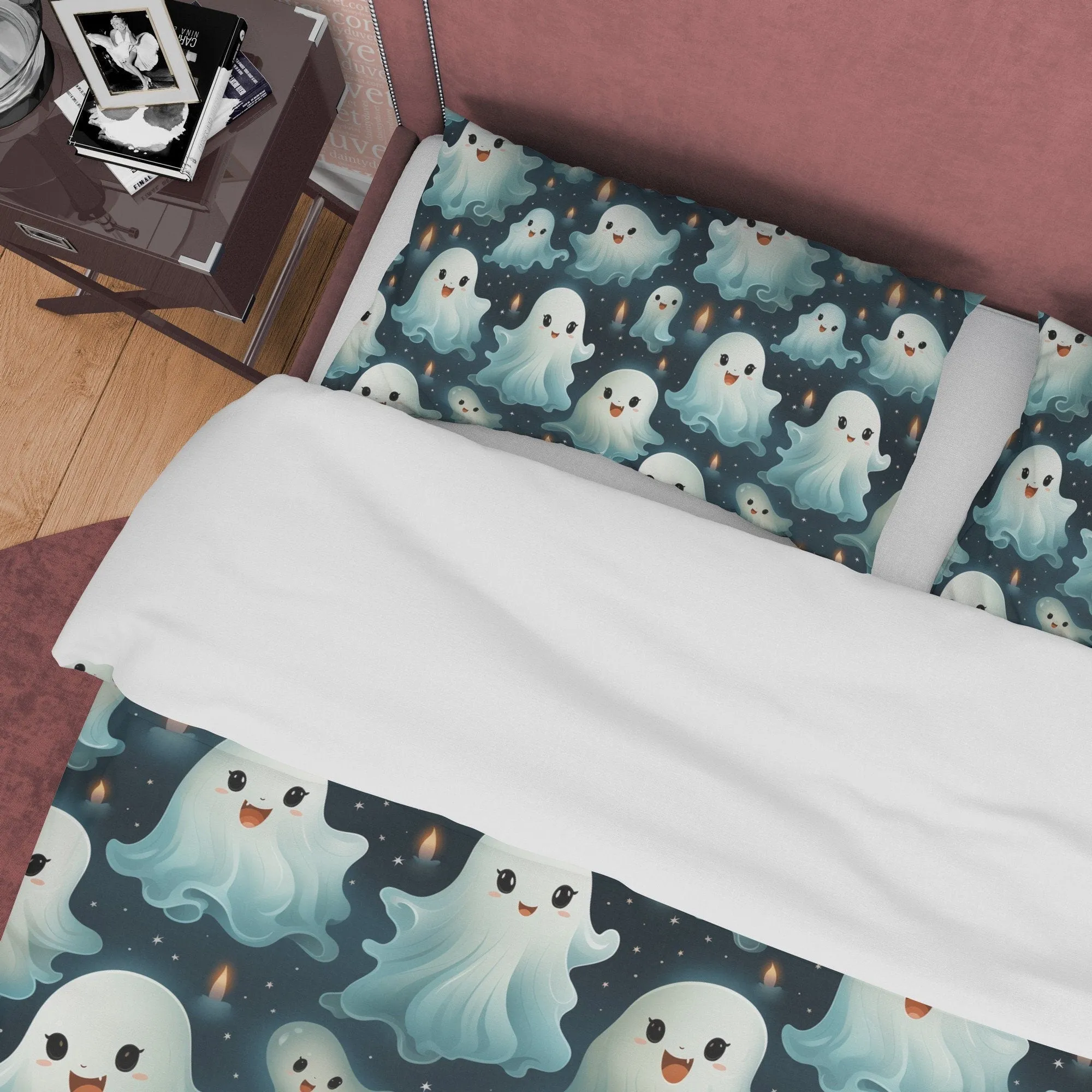 Cute Ghosts, Blue Green Duvet Cover Set & Pillowcase, Aesthetic Zipper Bedding, Kawaii Halloween Gift, US, UK, European, Australian Bed Size