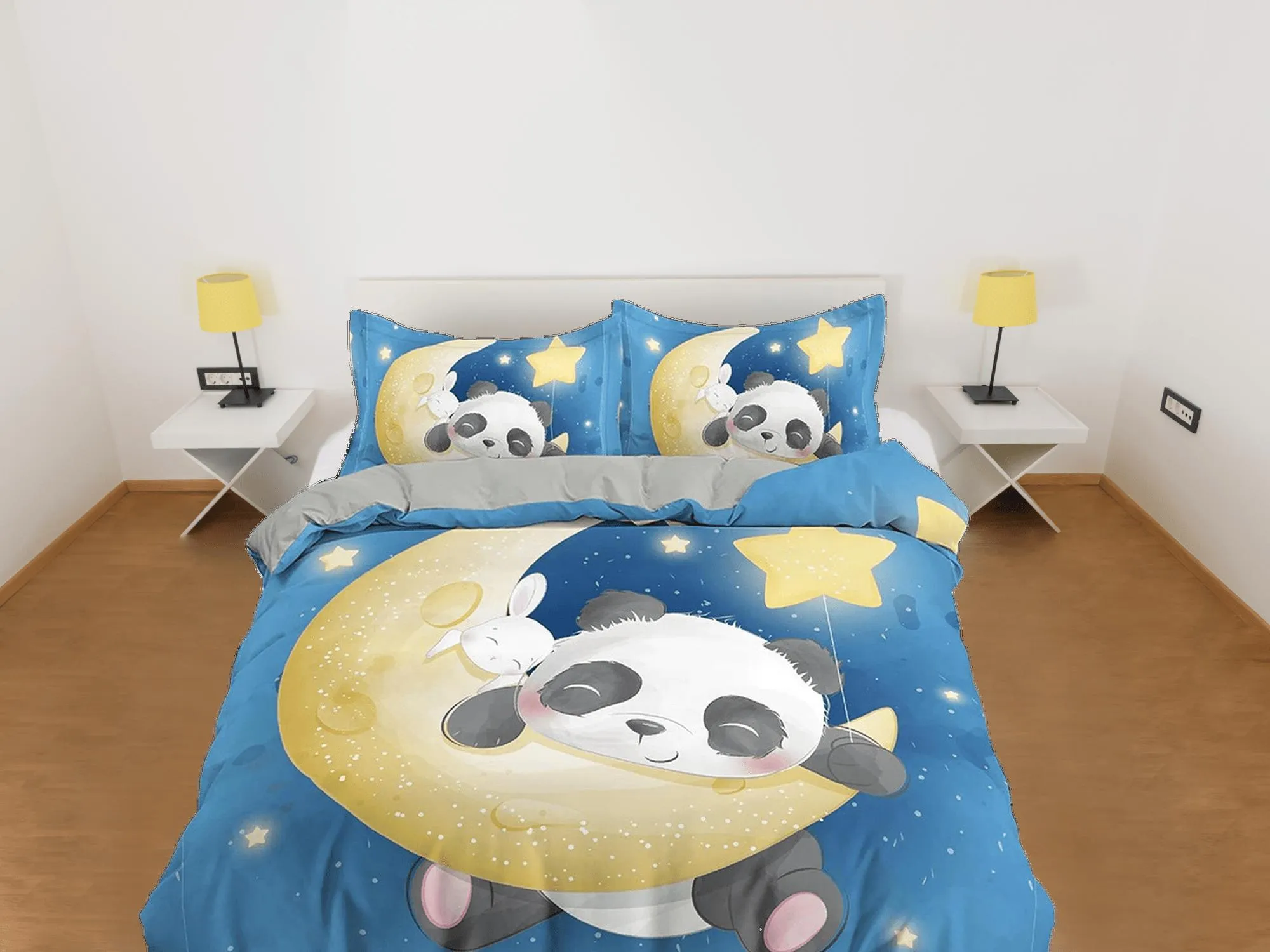 Cute panda and bunny in crescent moon, blue toddler bedding, duvet cover for kids, crib bedding, baby zipper bedding, king queen full twin