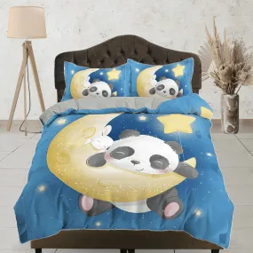 Cute panda and bunny in crescent moon, blue toddler bedding, duvet cover for kids, crib bedding, baby zipper bedding, king queen full twin