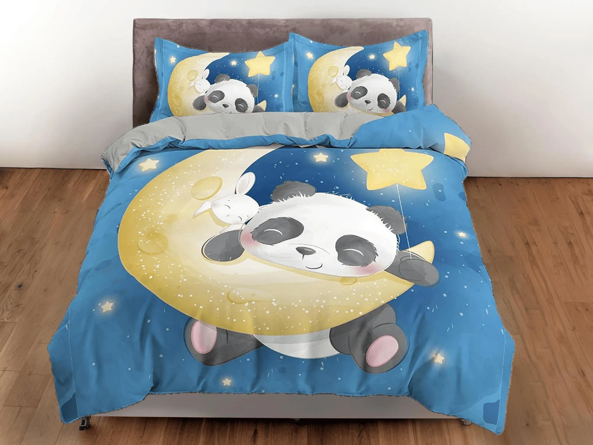 Cute panda and bunny in crescent moon, blue toddler bedding, duvet cover for kids, crib bedding, baby zipper bedding, king queen full twin