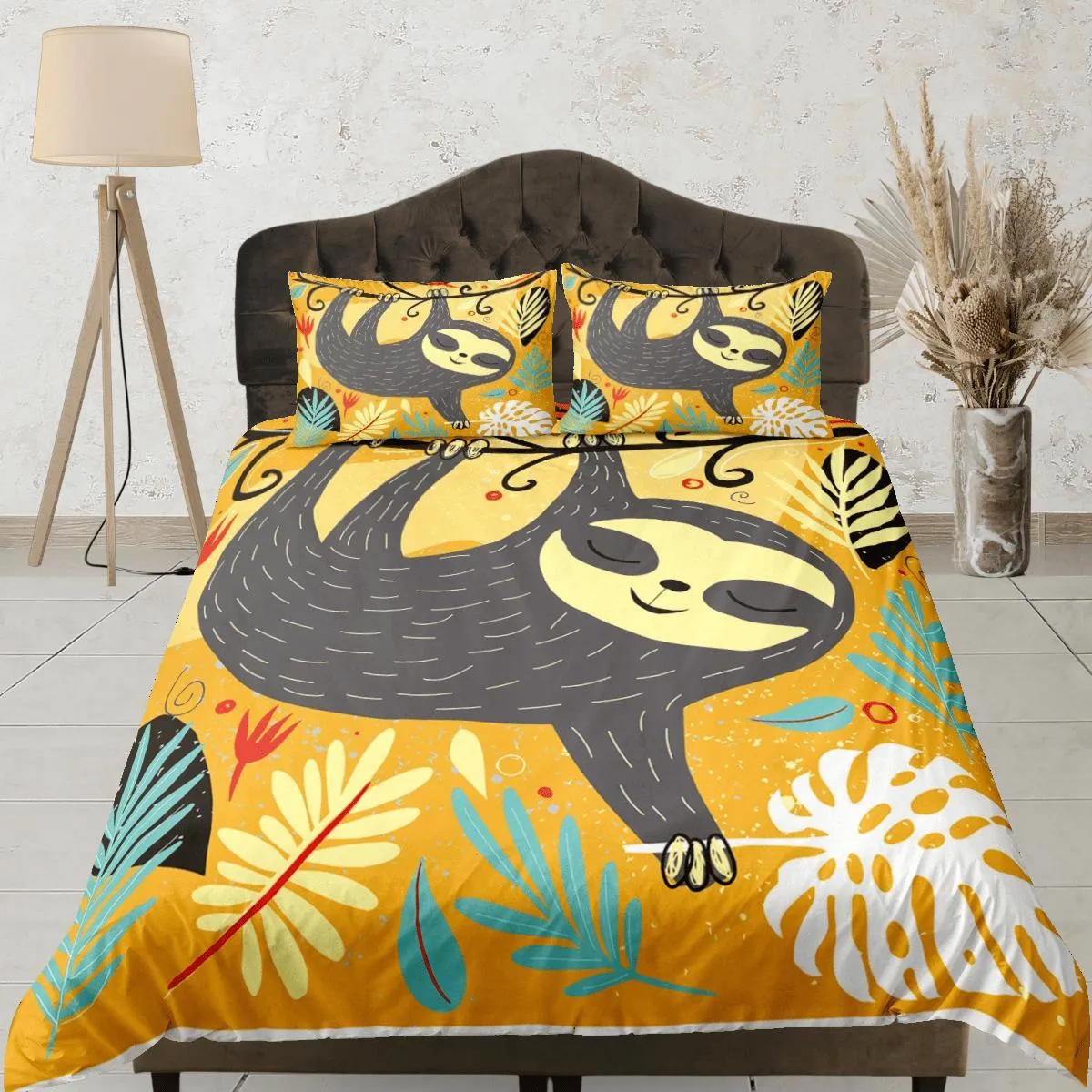 Cute Sloth Yellow Duvet Cover Set Colorful Bedspread, Kids Full Bedding Set with Pillowcase, Comforter Cover Twin