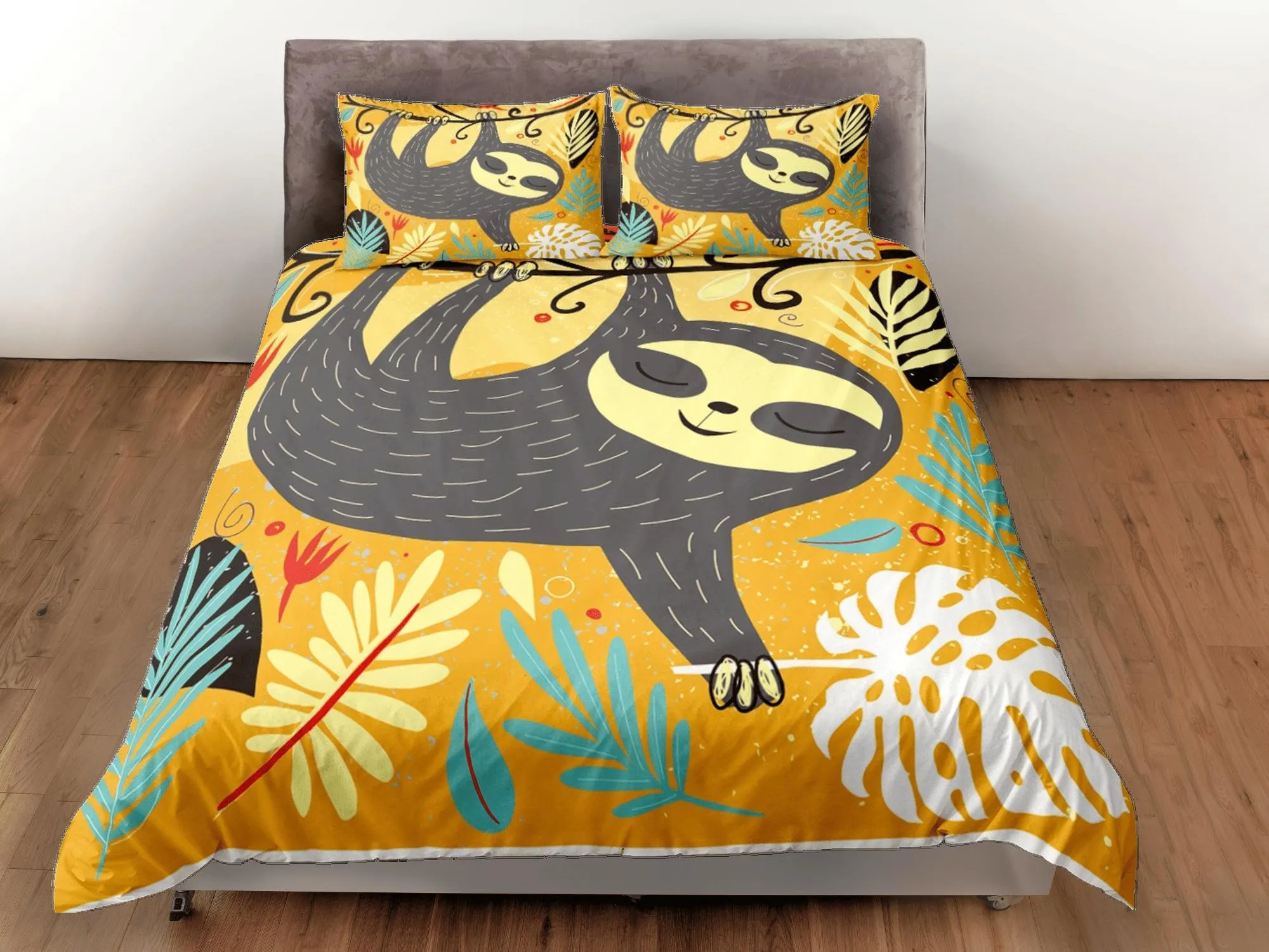 Cute Sloth Yellow Duvet Cover Set Colorful Bedspread, Kids Full Bedding Set with Pillowcase, Comforter Cover Twin